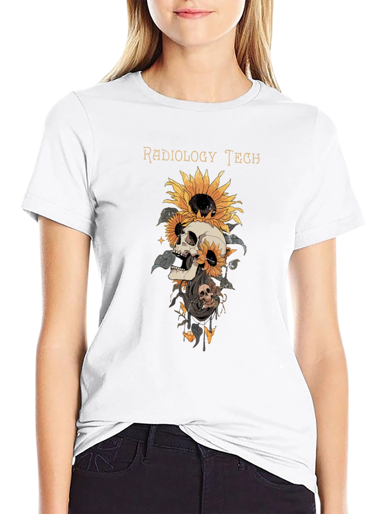 Radiology Tech Skull & Sunflower Graphic T-Shirt