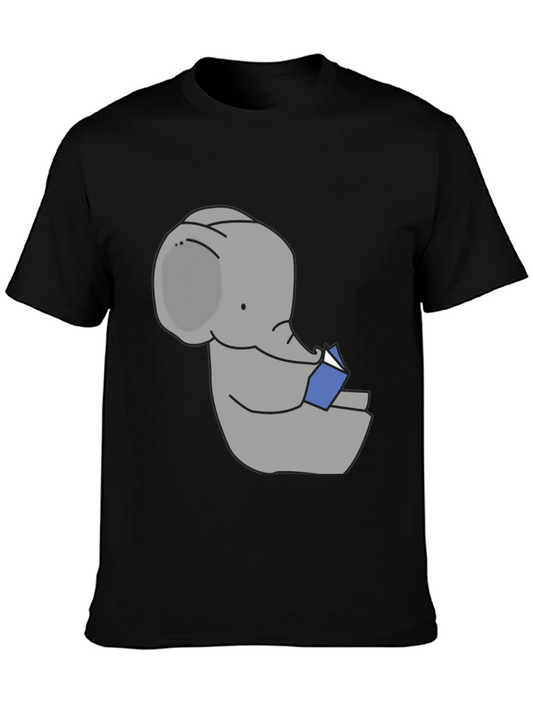 Elephant Reading Book Graphic Tee - Black Cotton Casual T-Shirt