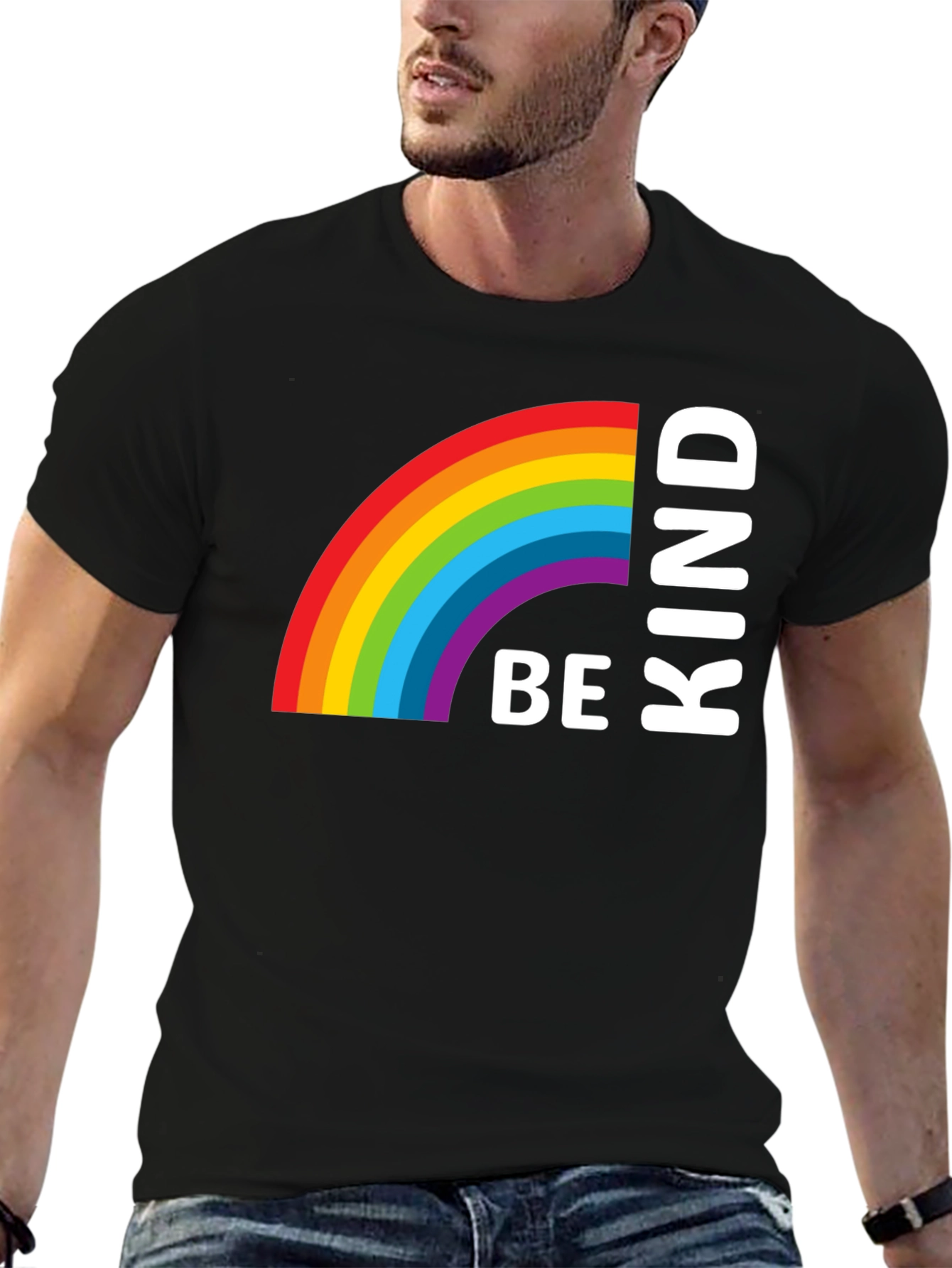Be Kind Rainbow Graphic Tee - Black Cotton T-Shirt