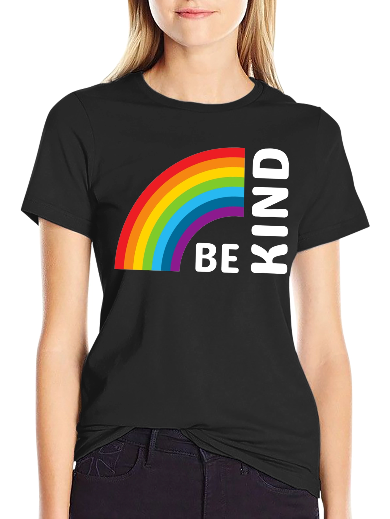 Be Kind Rainbow Graphic Tee - Black Cotton T-Shirt