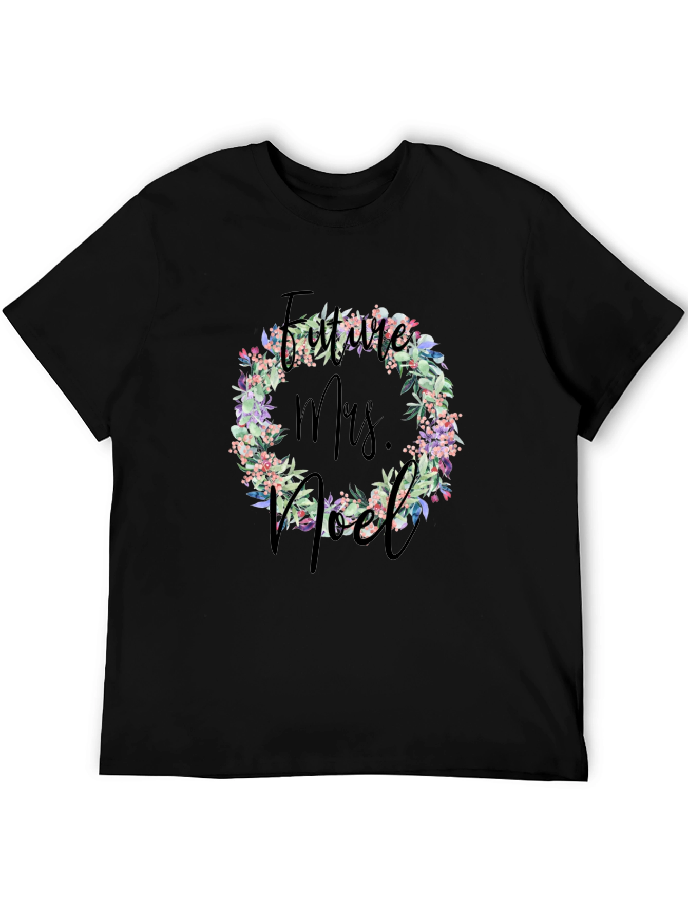 Future Mrs. Noel Floral Wreath Black T-Shirt