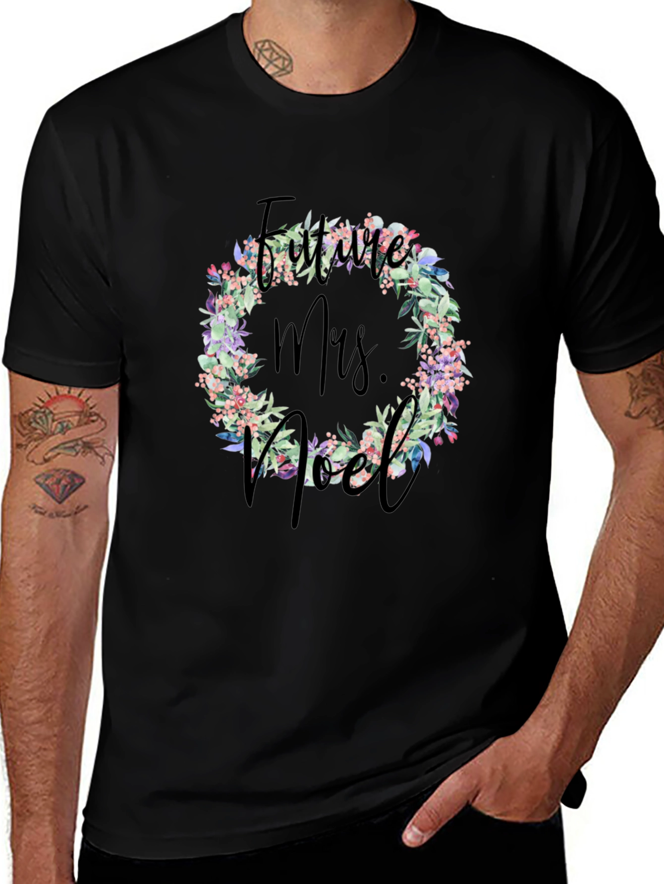 Future Mrs. Noel Floral Wreath Black T-Shirt