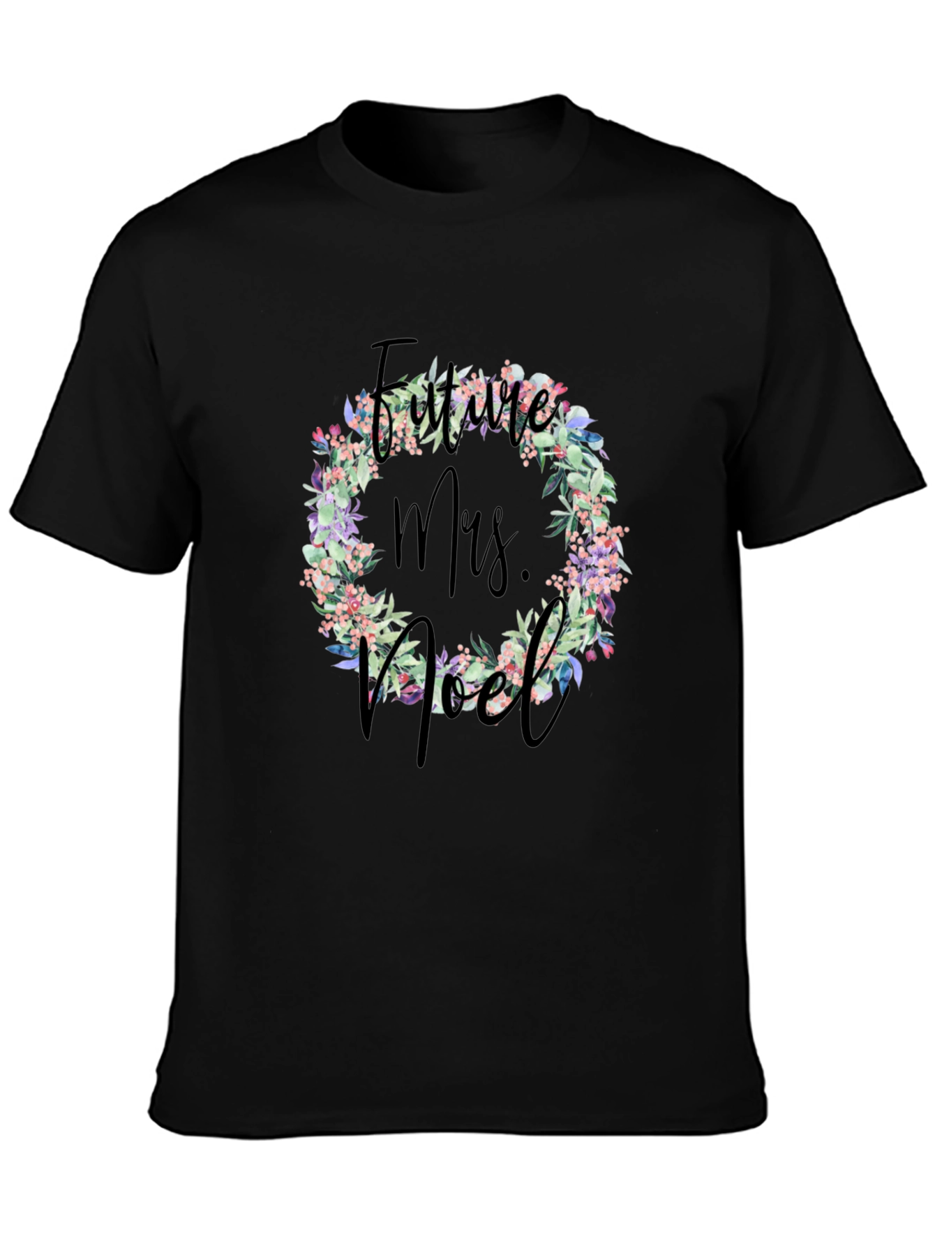 Future Mrs. Noel Floral Wreath Black T-Shirt