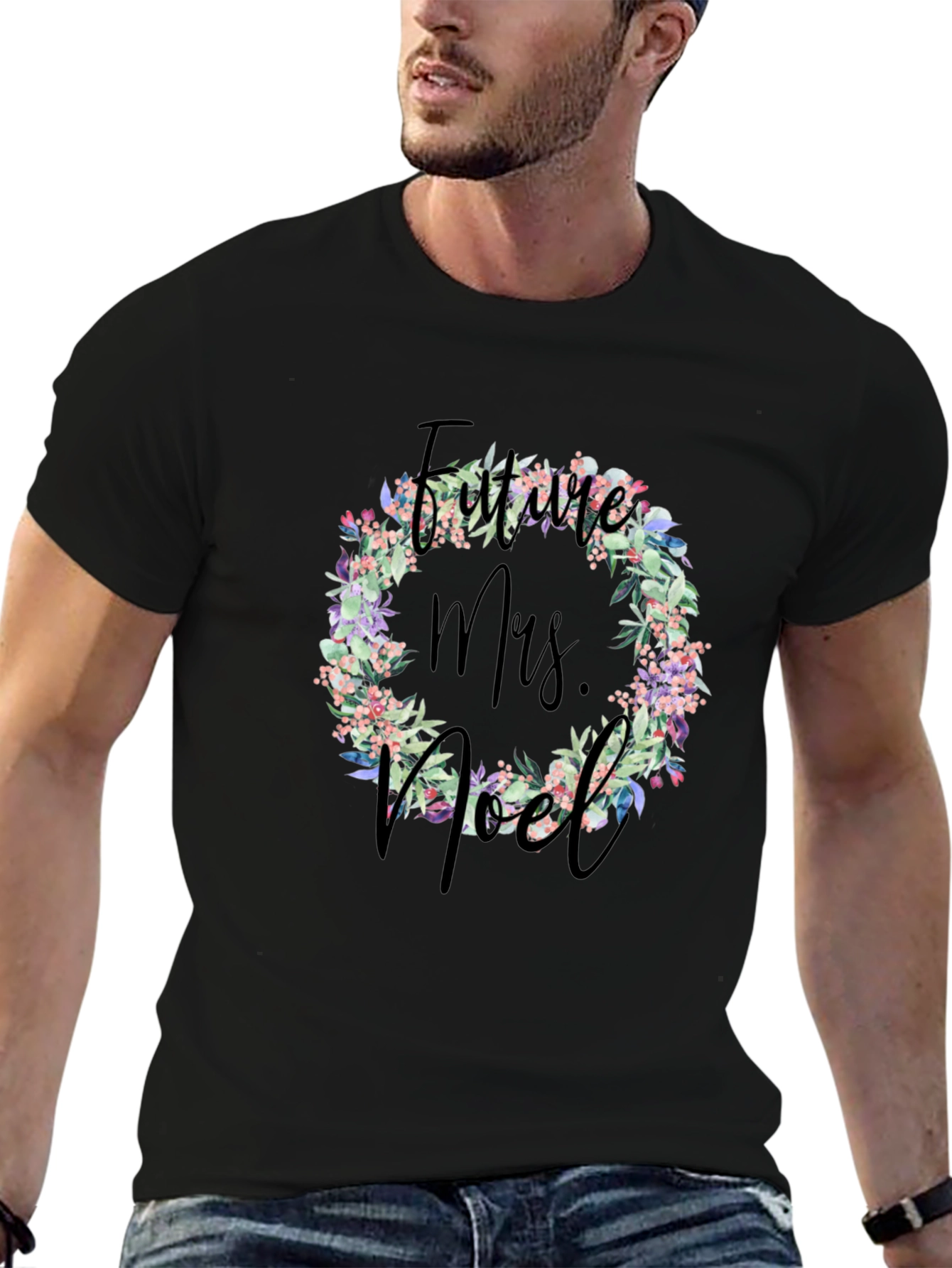 Future Mrs. Noel Floral Wreath Black T-Shirt