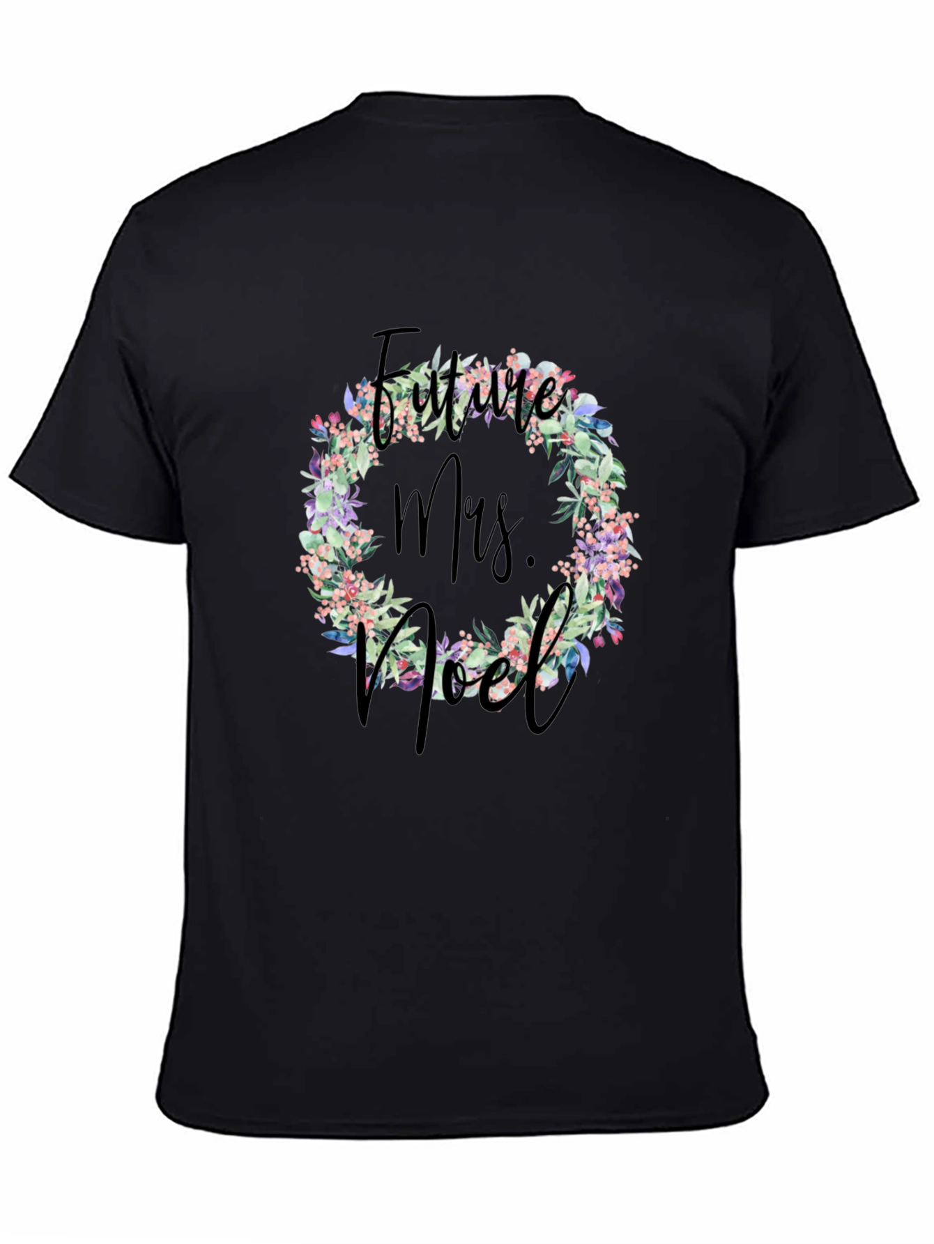 Future Mrs. Noel Floral Wreath Black T-Shirt