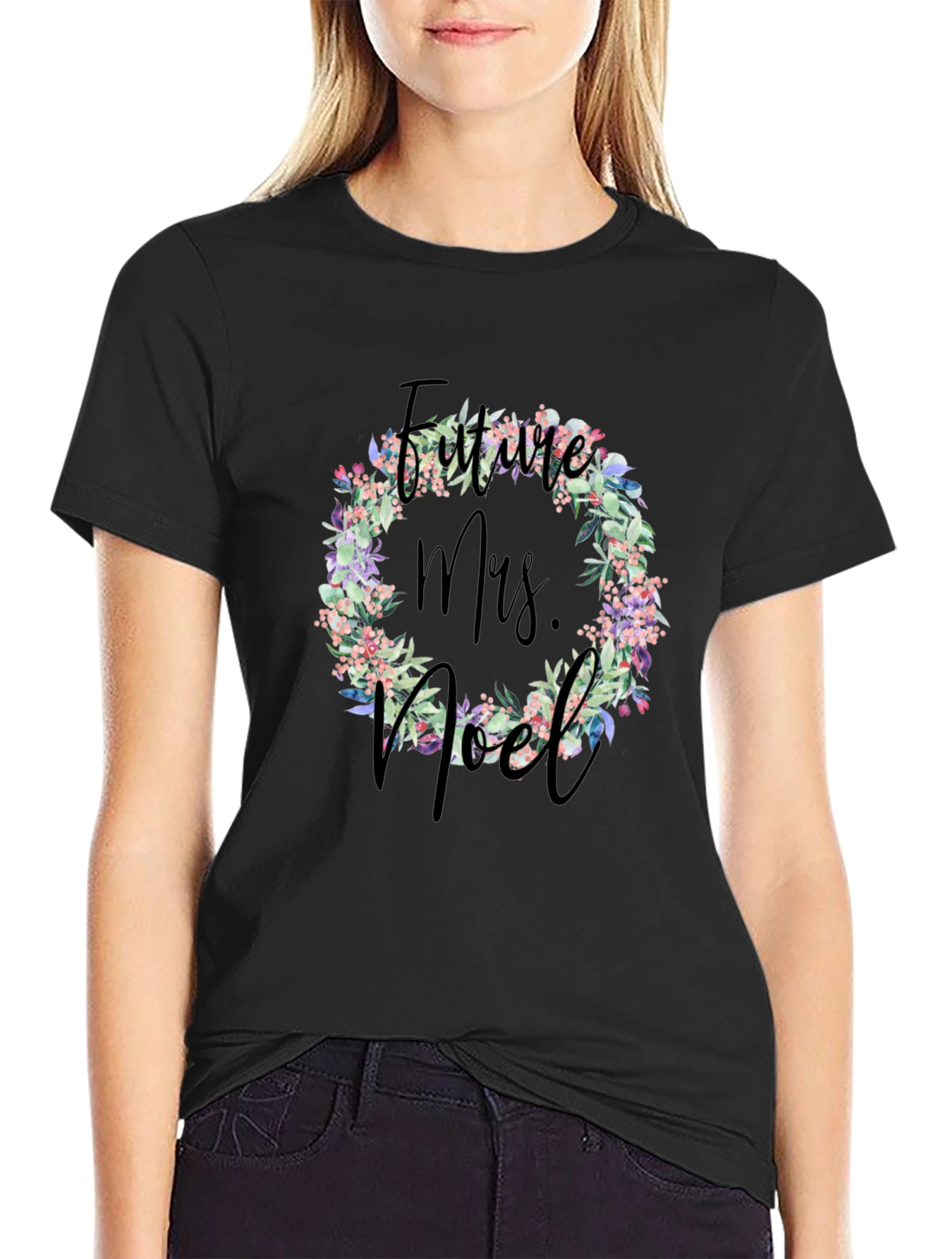 Future Mrs. Noel Floral Wreath Black T-Shirt