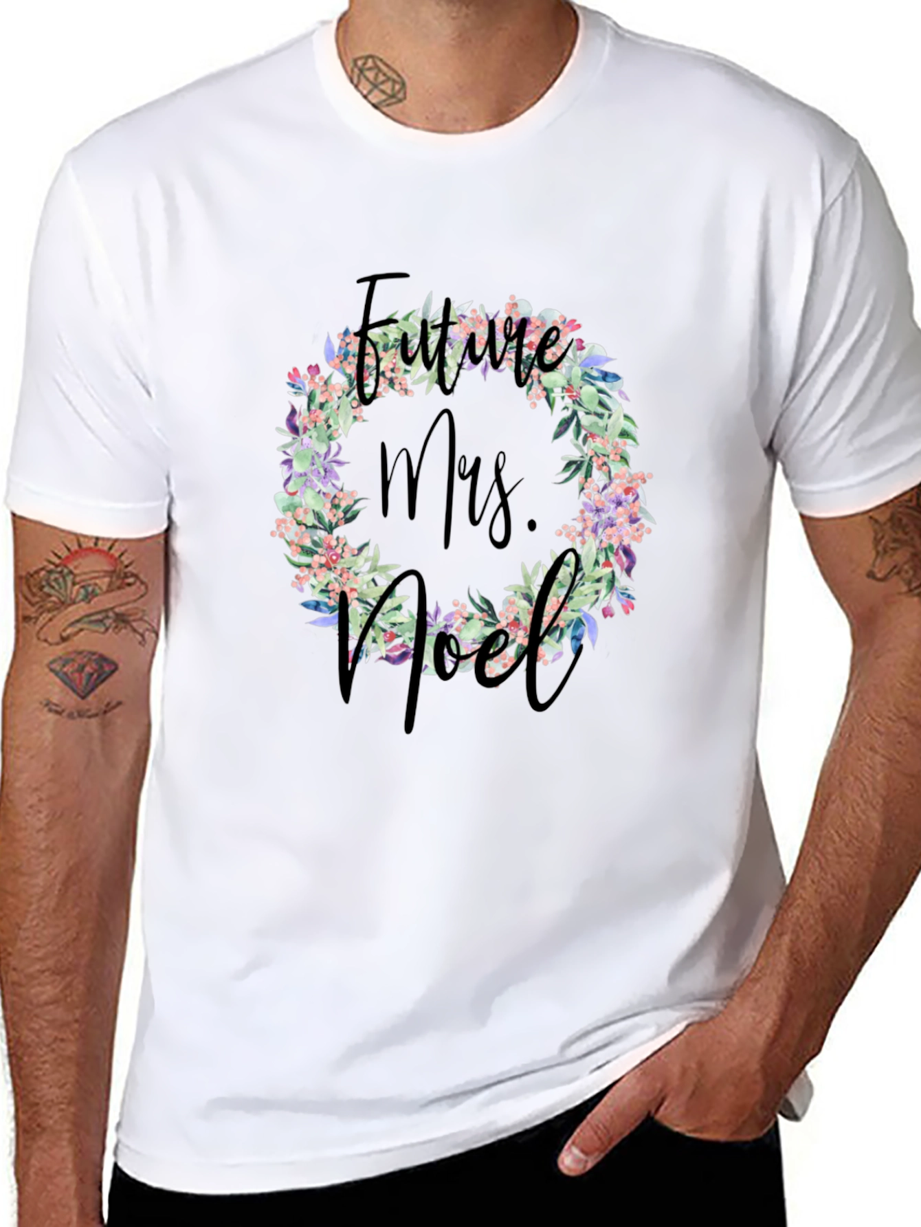 Future Mrs. Noel Floral Wreath Black T-Shirt