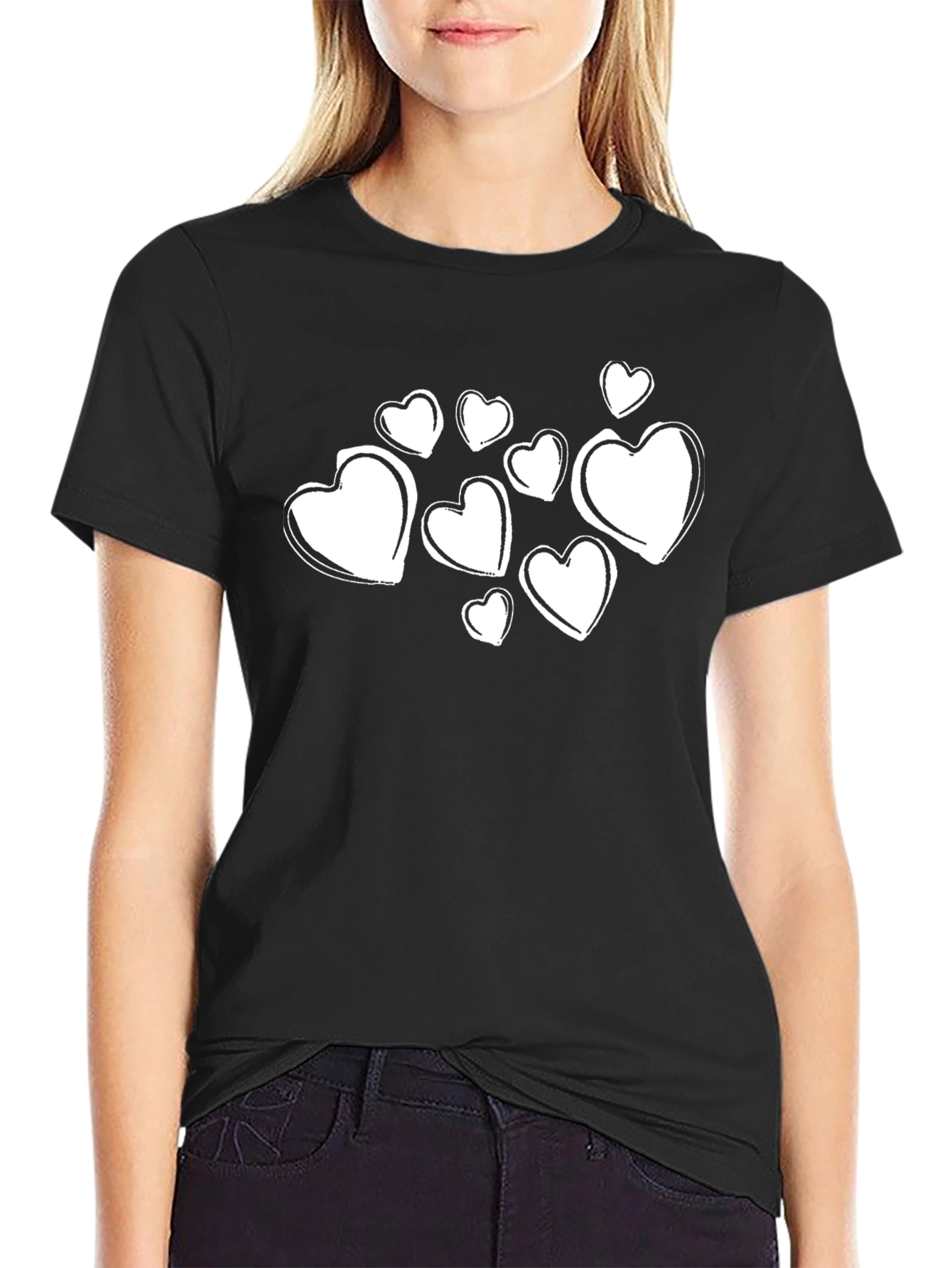 Heart Print Black Crewneck T-Shirt