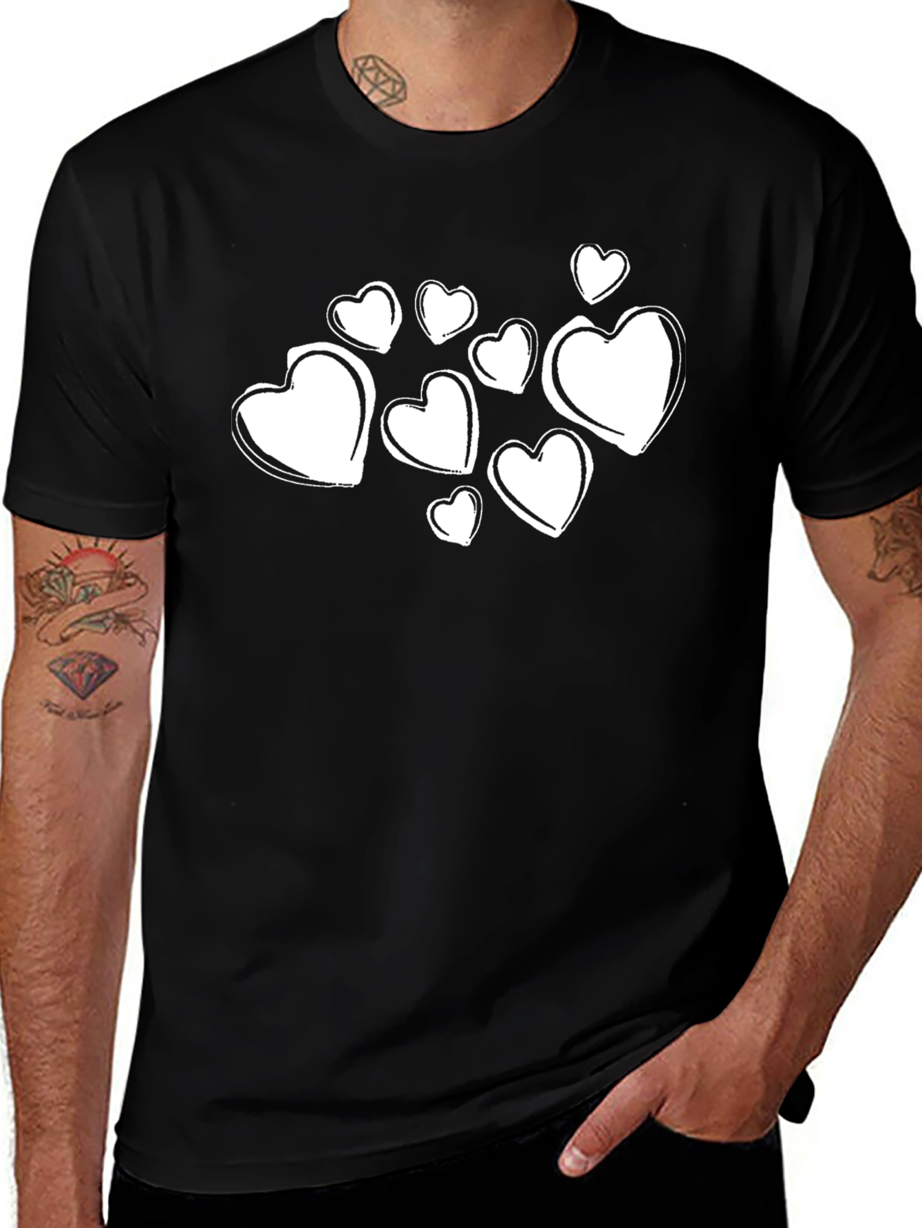 Heart Print Black Crewneck T-Shirt