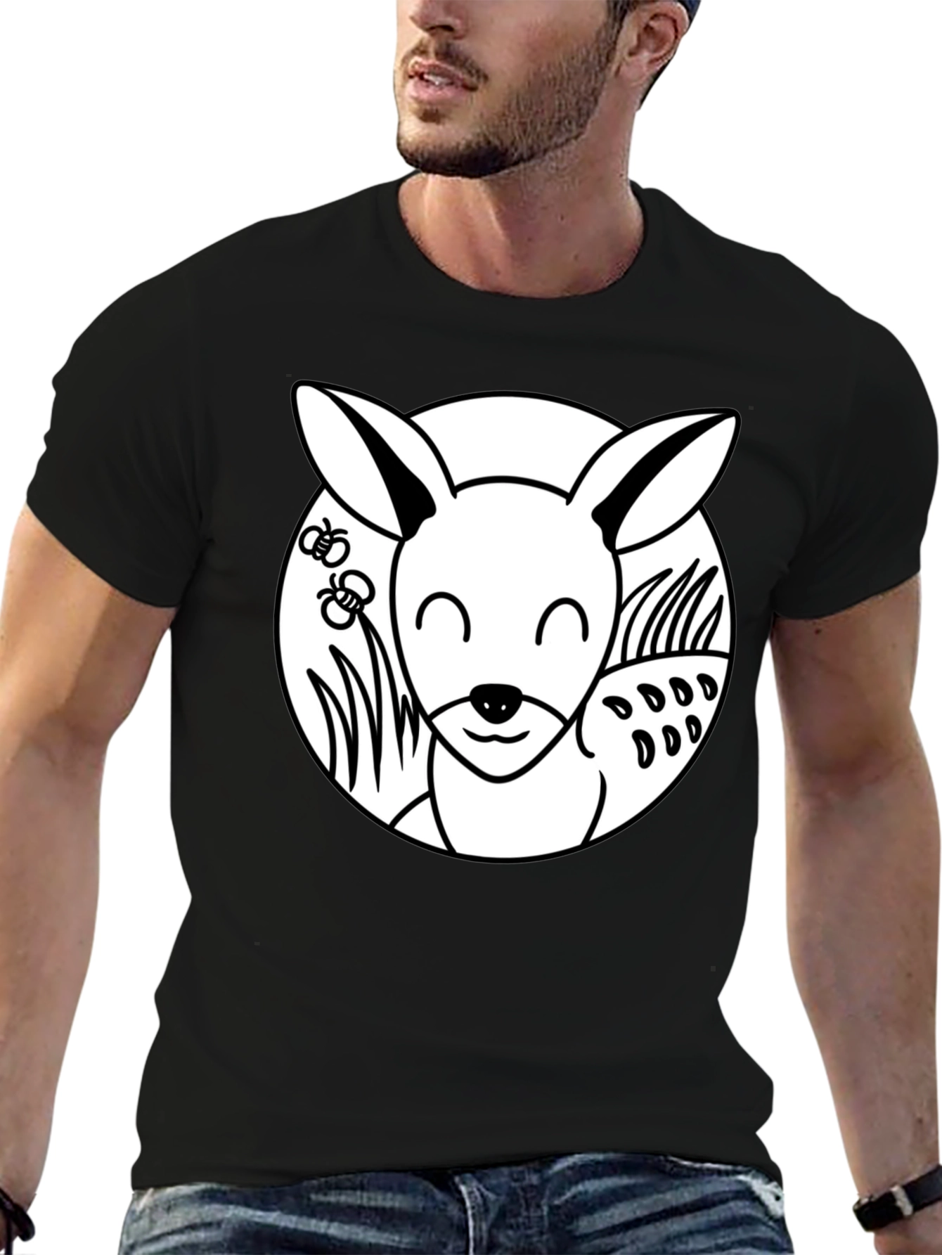 Cute Cartoon Bunny Black T-Shirt