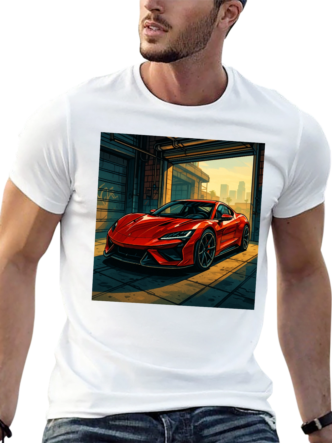 Red Sports Car Graphic Black T-Shirt