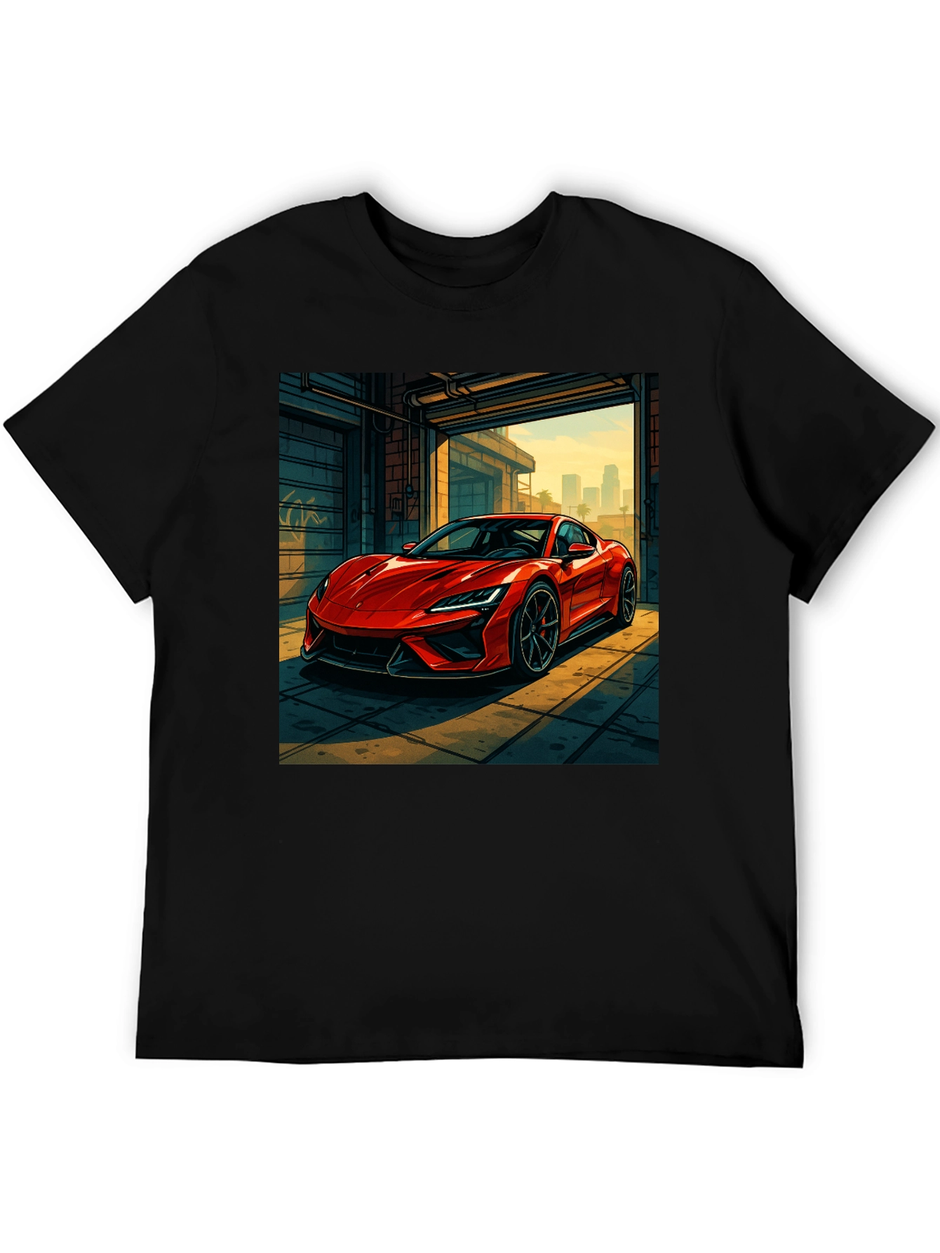 Red Sports Car Graphic Black T-Shirt