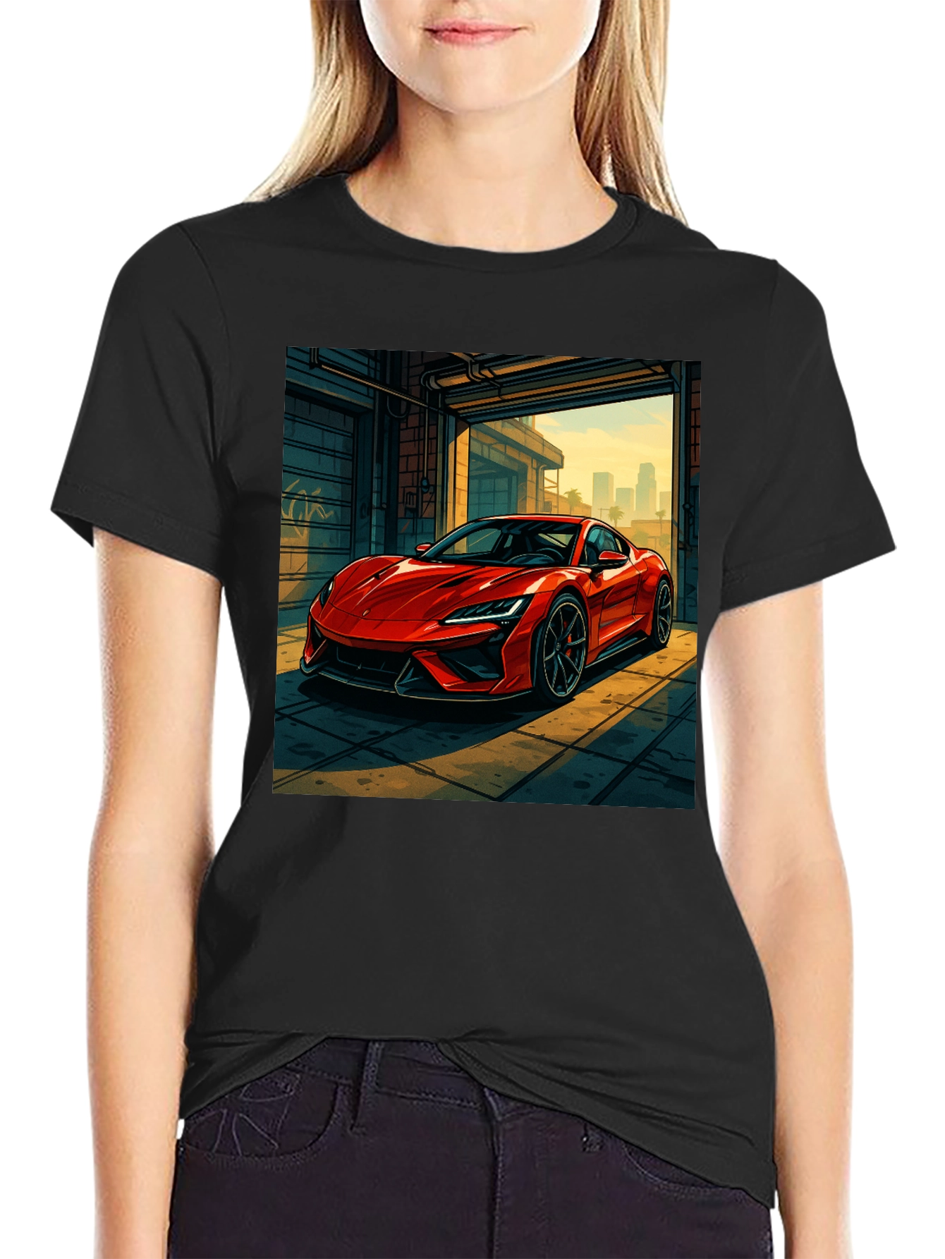Red Sports Car Graphic Black T-Shirt