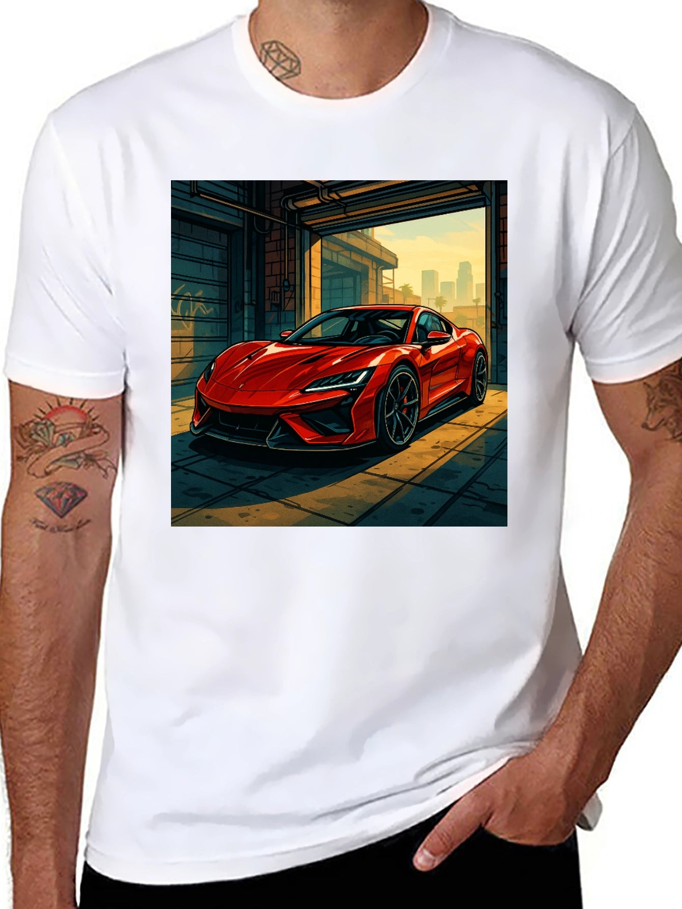 Red Sports Car Graphic Black T-Shirt