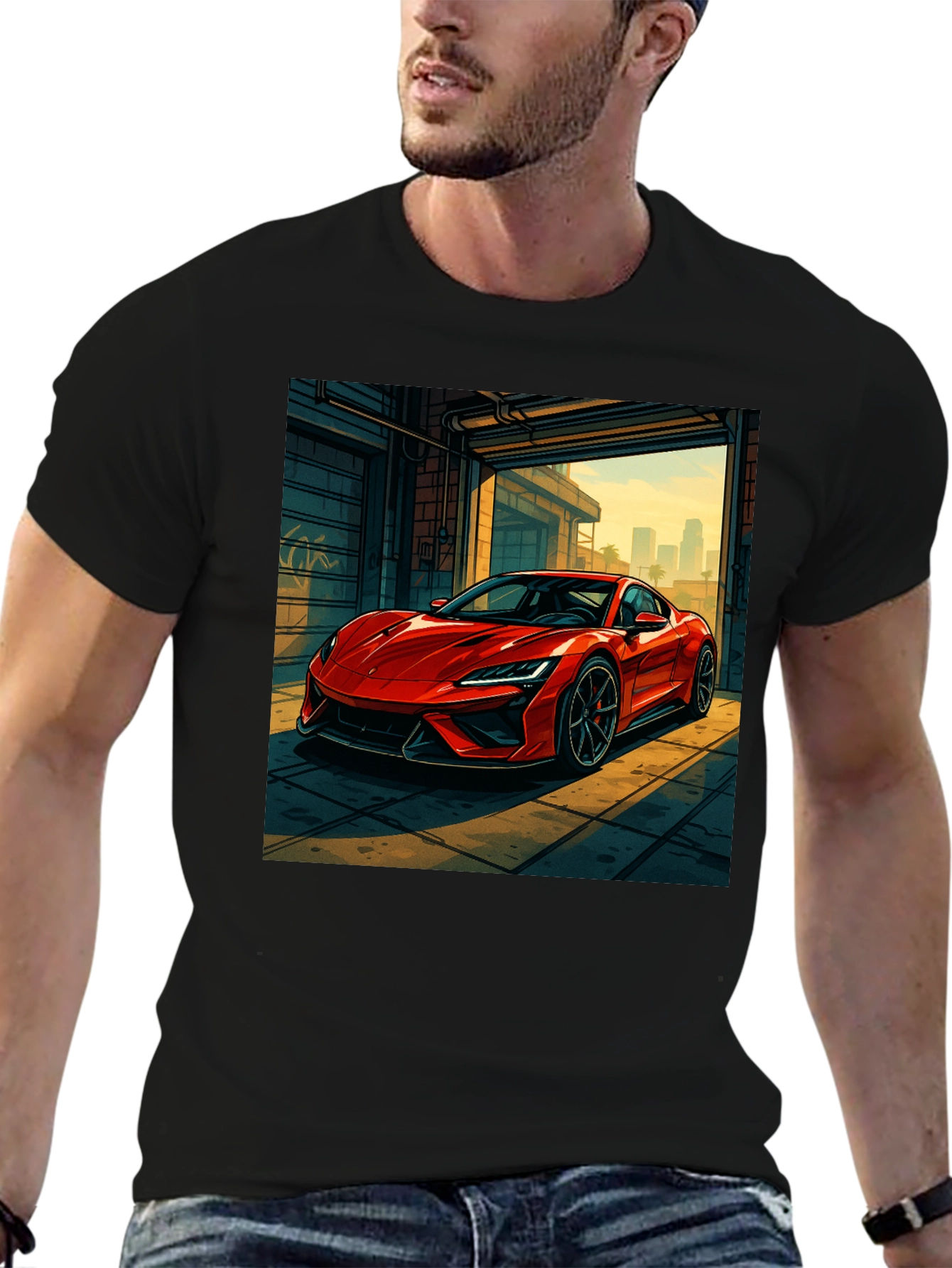 Red Sports Car Graphic Black T-Shirt