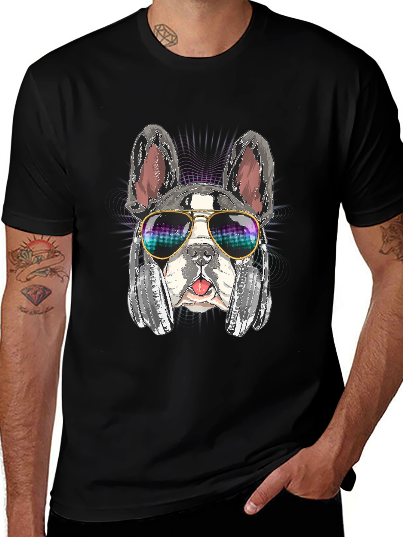 DJ Dog T-Shirt: Bulldog with Headphones & Sunglasses