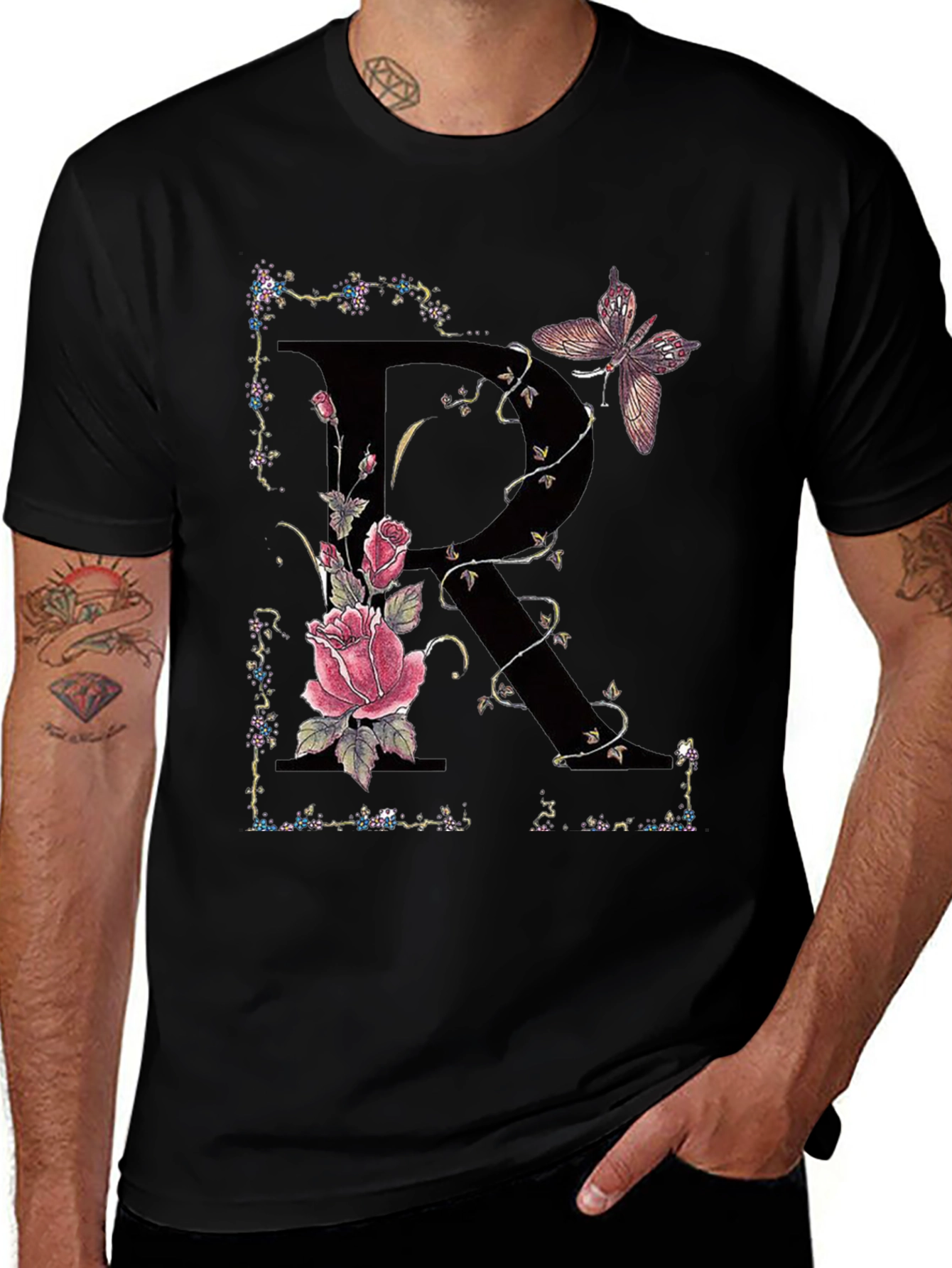 Floral Letter R Butterfly T-Shirt