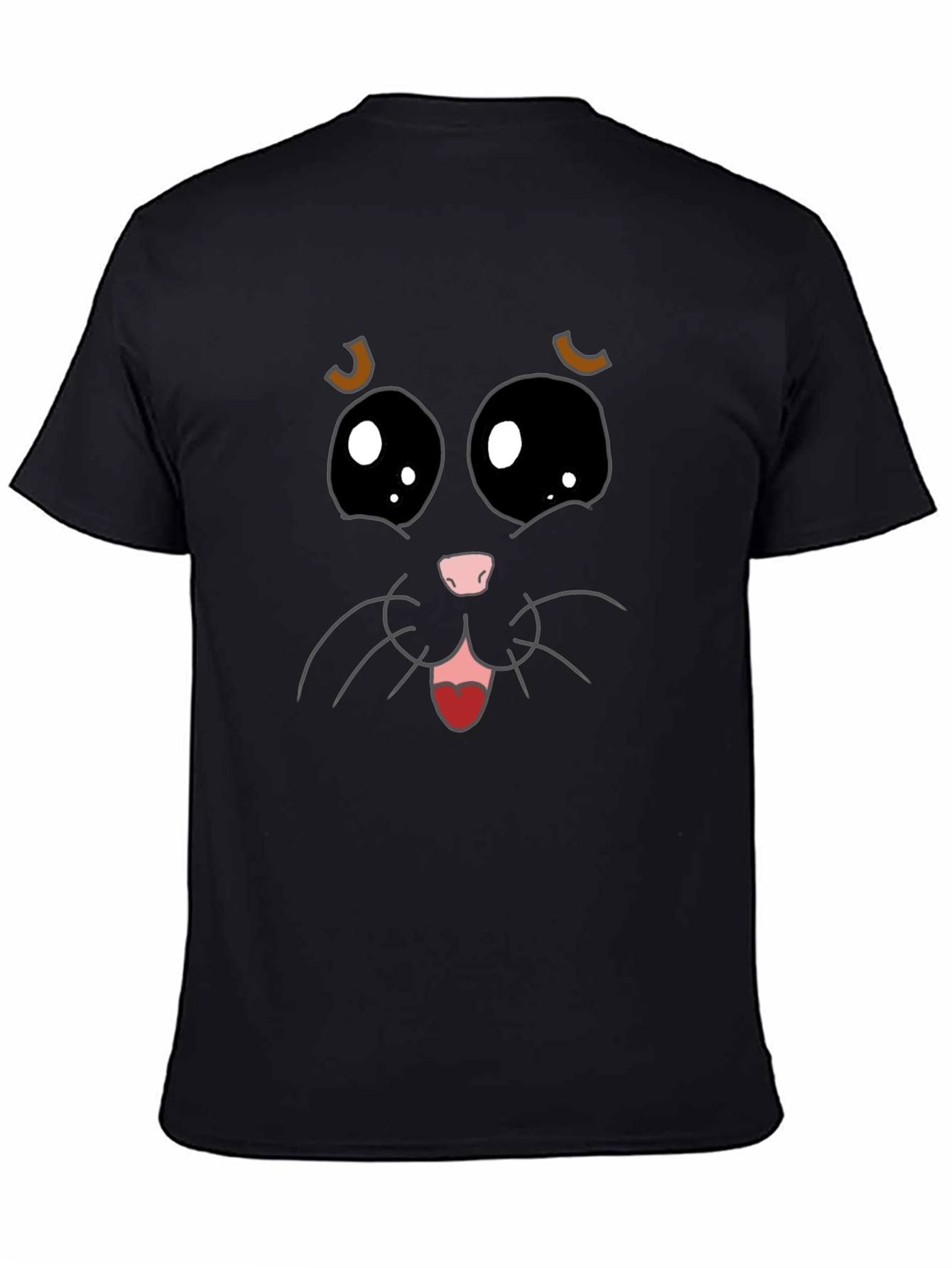 Cute Cat Face Graphic Tee - Black Cotton T-Shirt