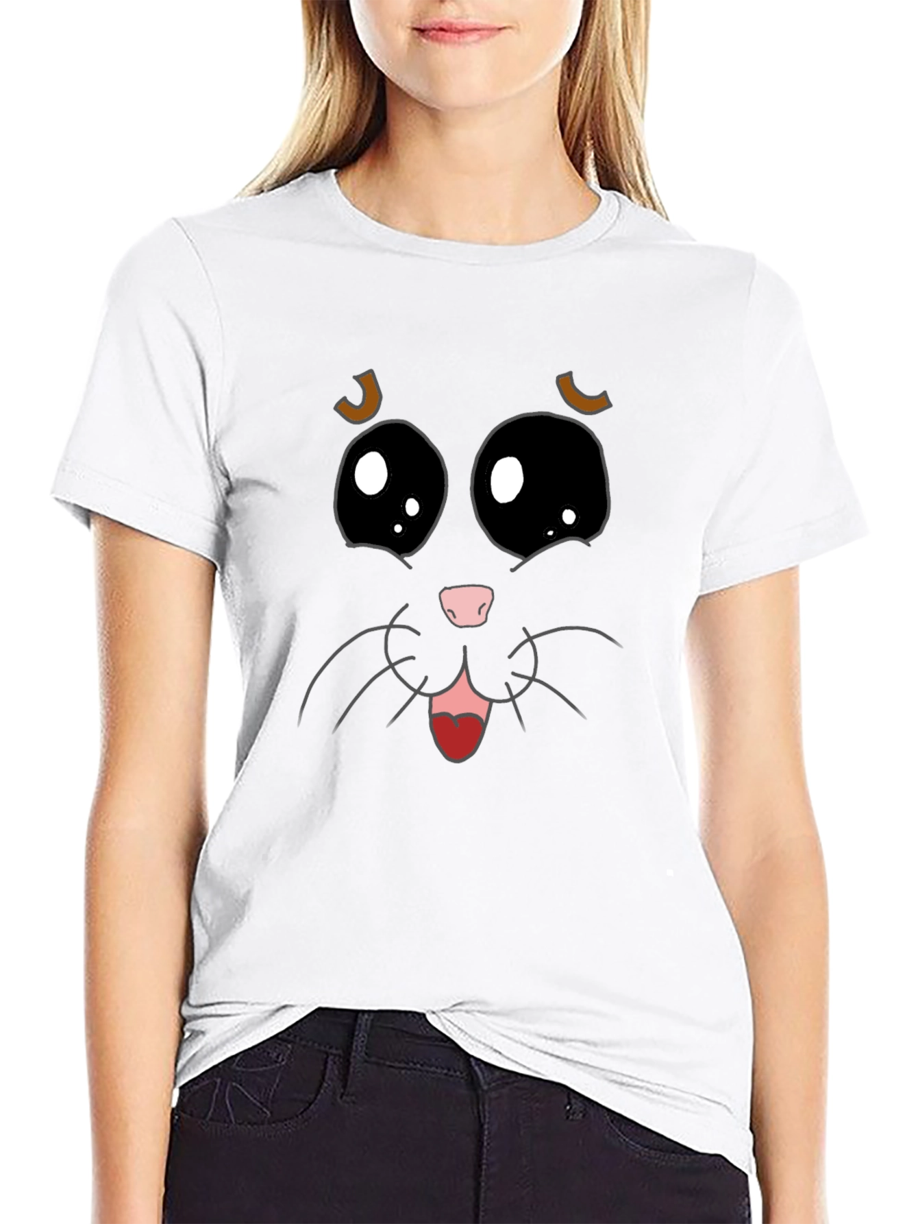 Cute Cat Face Graphic Tee - Black Cotton T-Shirt