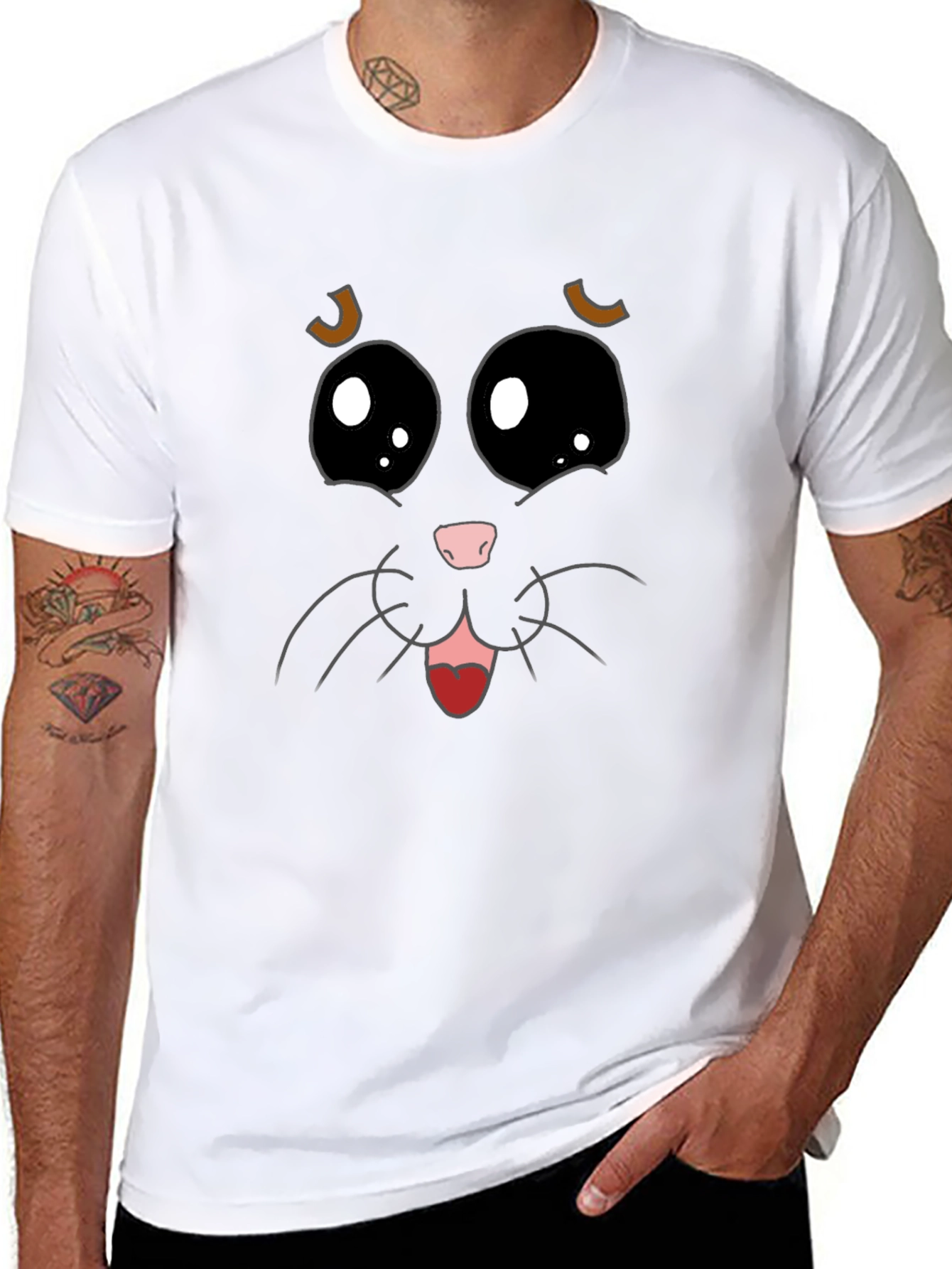 Cute Cat Face Graphic Tee - Black Cotton T-Shirt