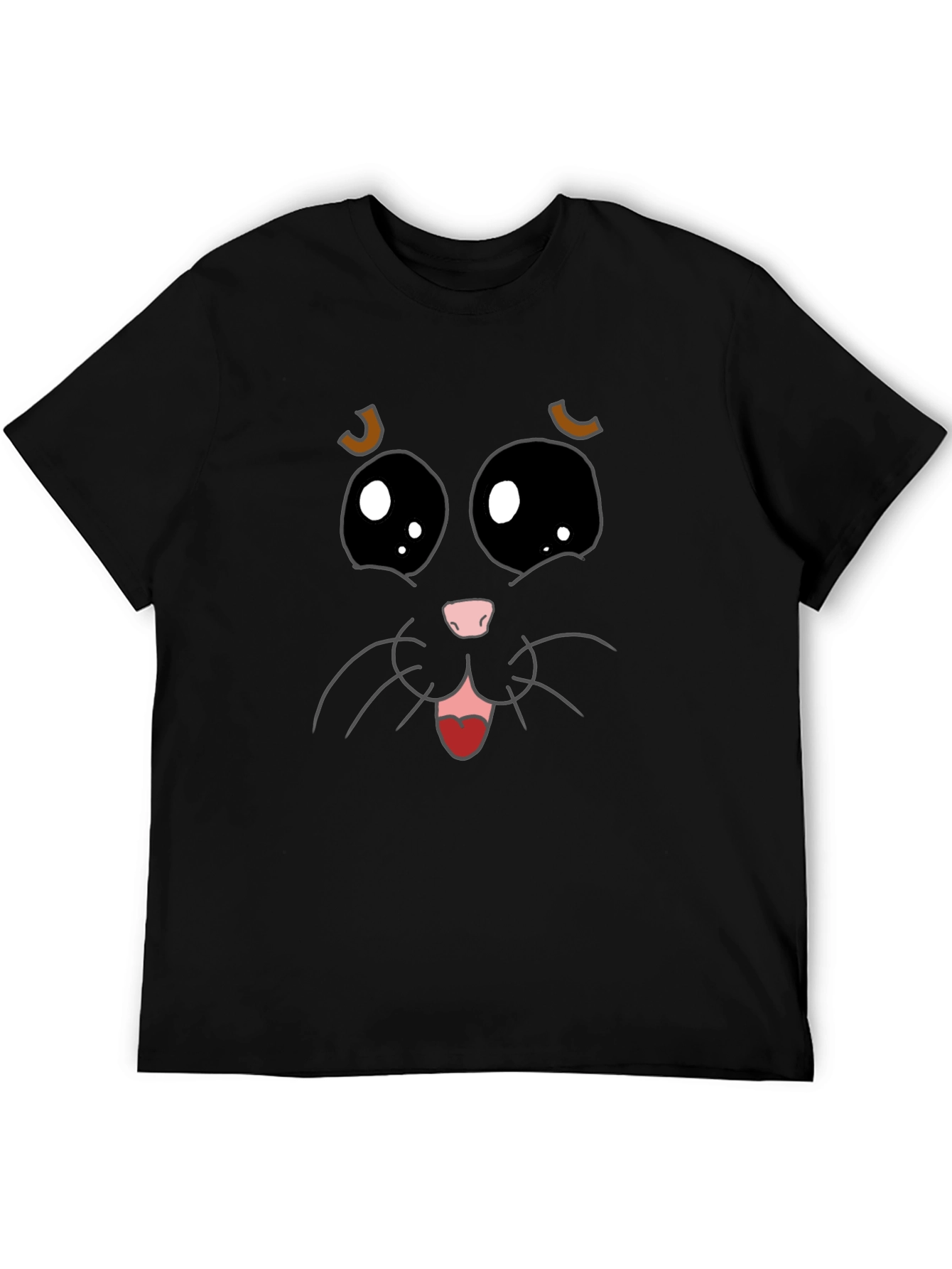 Cute Cat Face Graphic Tee - Black Cotton T-Shirt