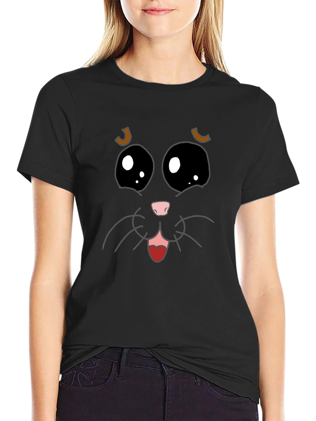 Cute Cat Face Graphic Tee - Black Cotton T-Shirt