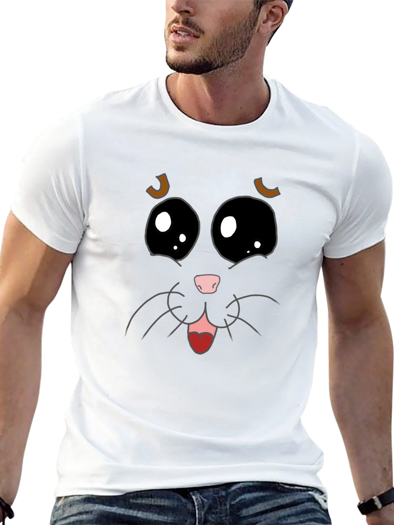 Cute Cat Face Graphic Tee - Black Cotton T-Shirt