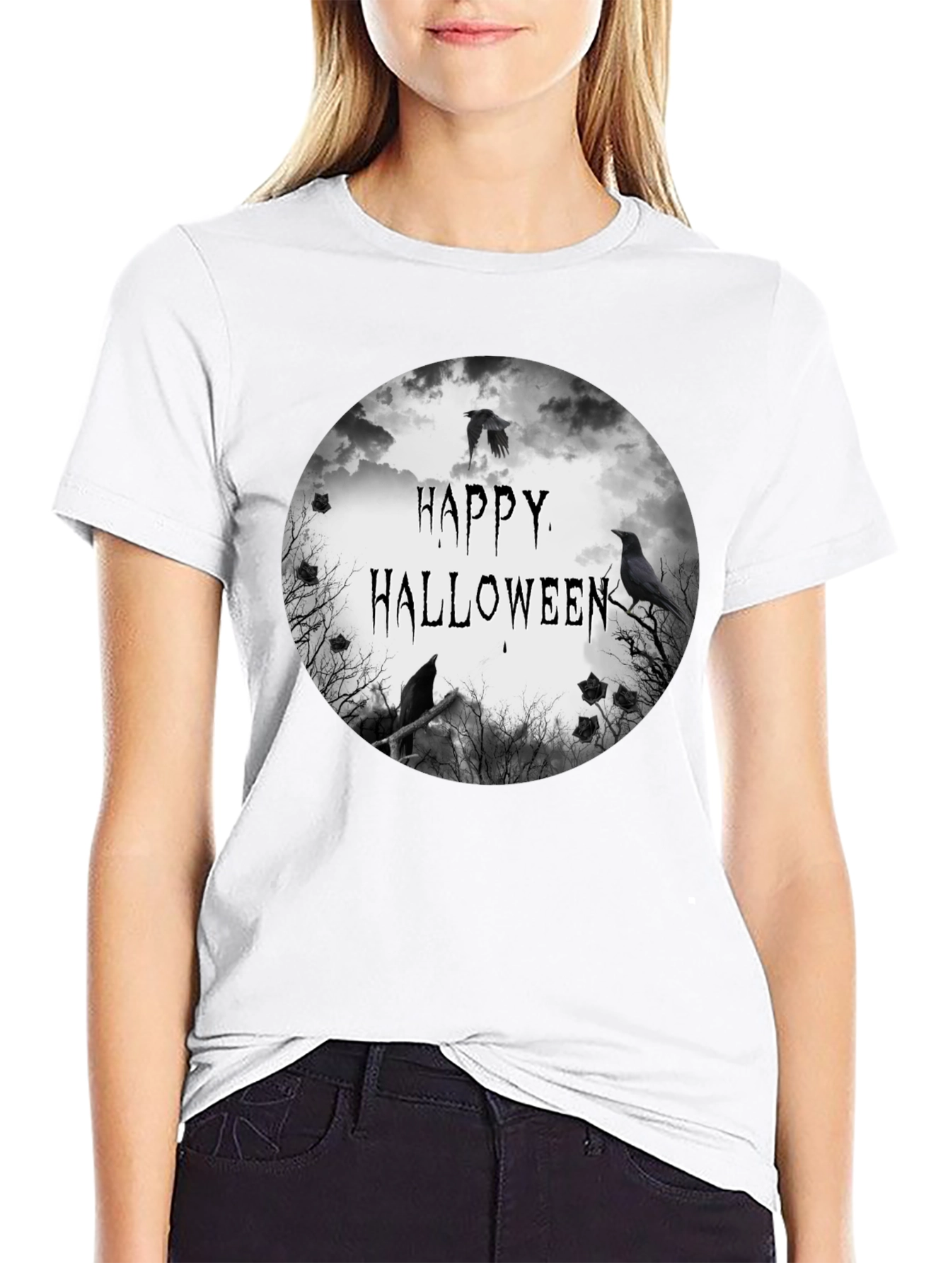Happy Halloween Raven Graphic Black T-Shirt