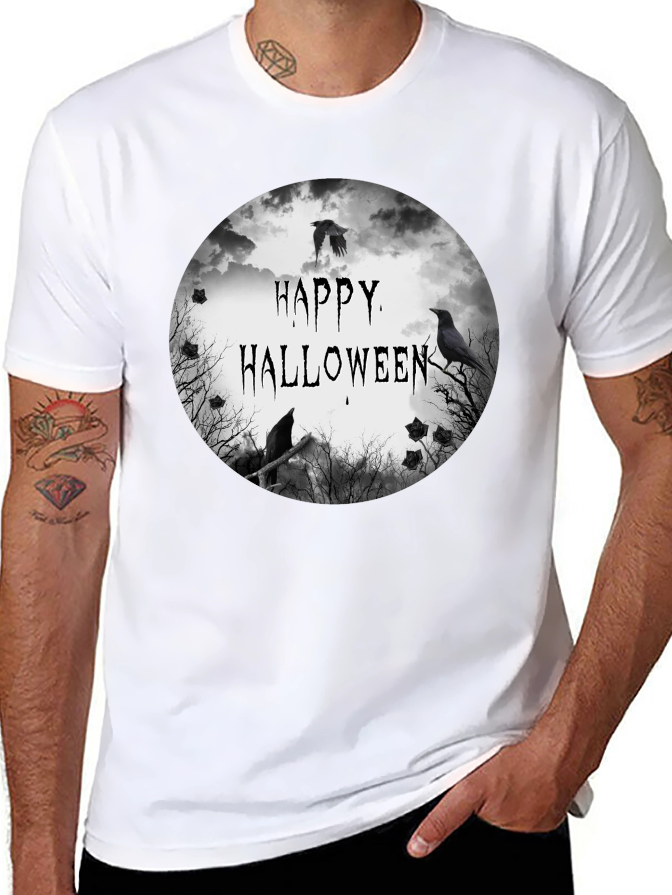 Happy Halloween Raven Graphic Black T-Shirt