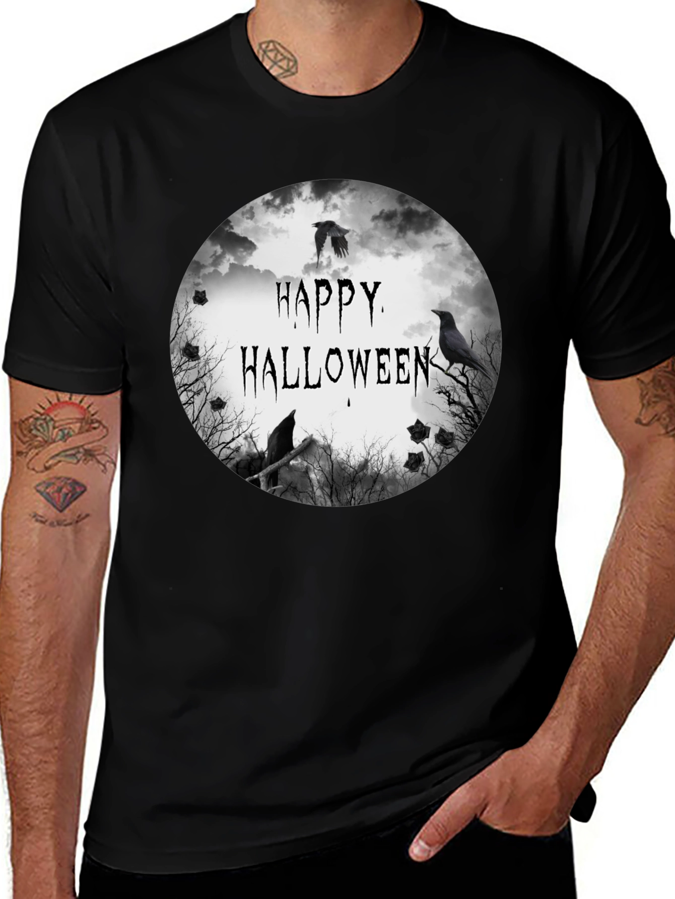 Happy Halloween Raven Graphic Black T-Shirt