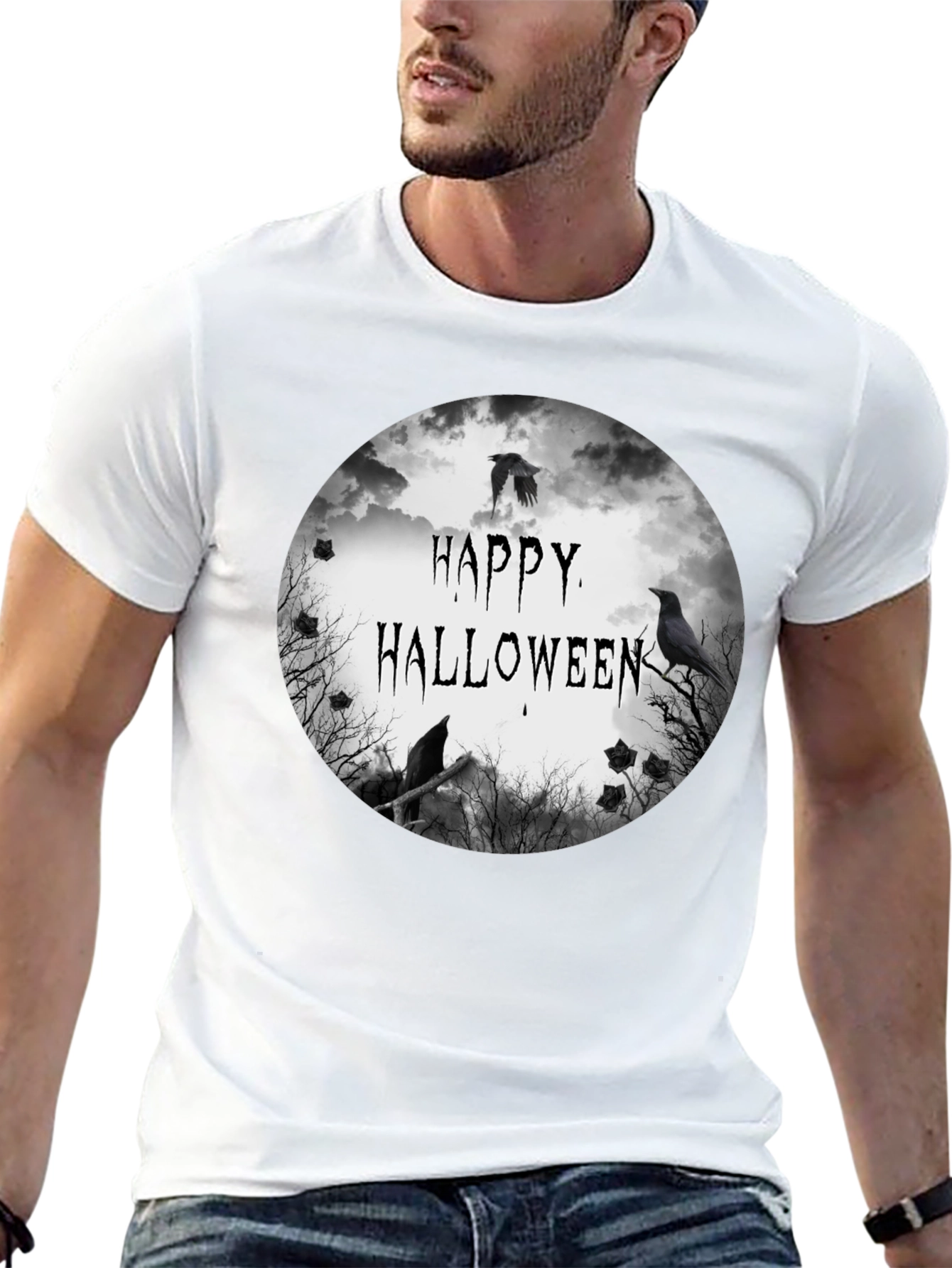 Happy Halloween Raven Graphic Black T-Shirt