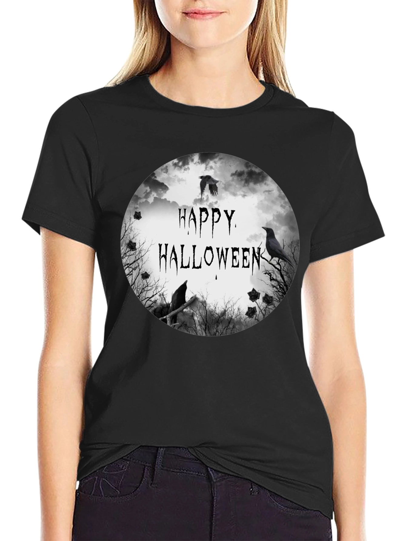 Happy Halloween Raven Graphic Black T-Shirt