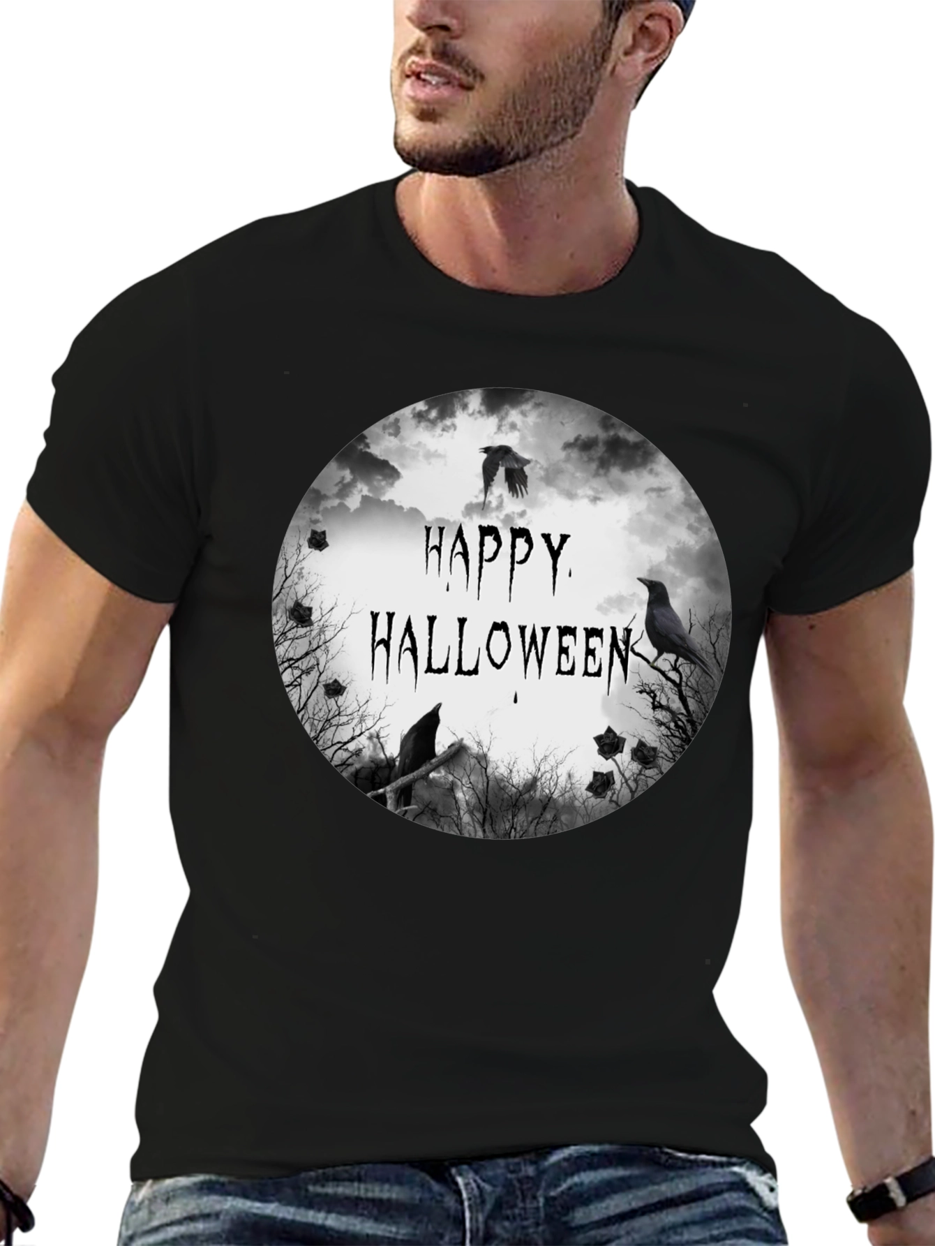 Happy Halloween Raven Graphic Black T-Shirt