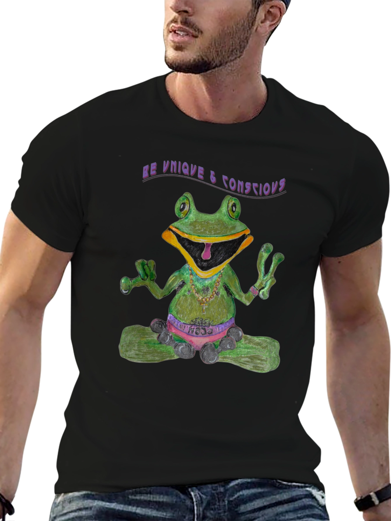Zen Frog Tee: Be Unique & Conscious Black T-Shirt