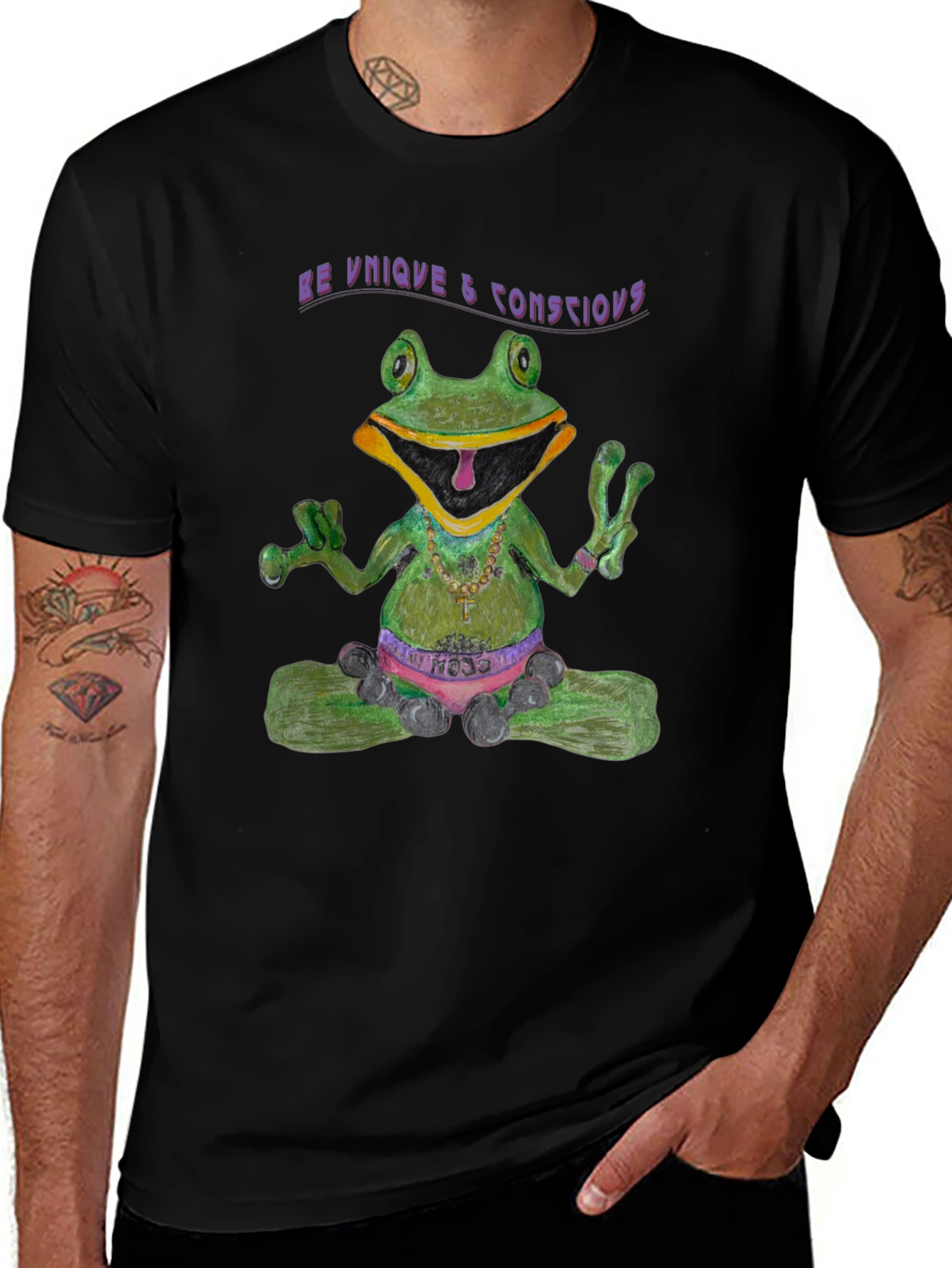 Zen Frog Tee: Be Unique & Conscious Black T-Shirt