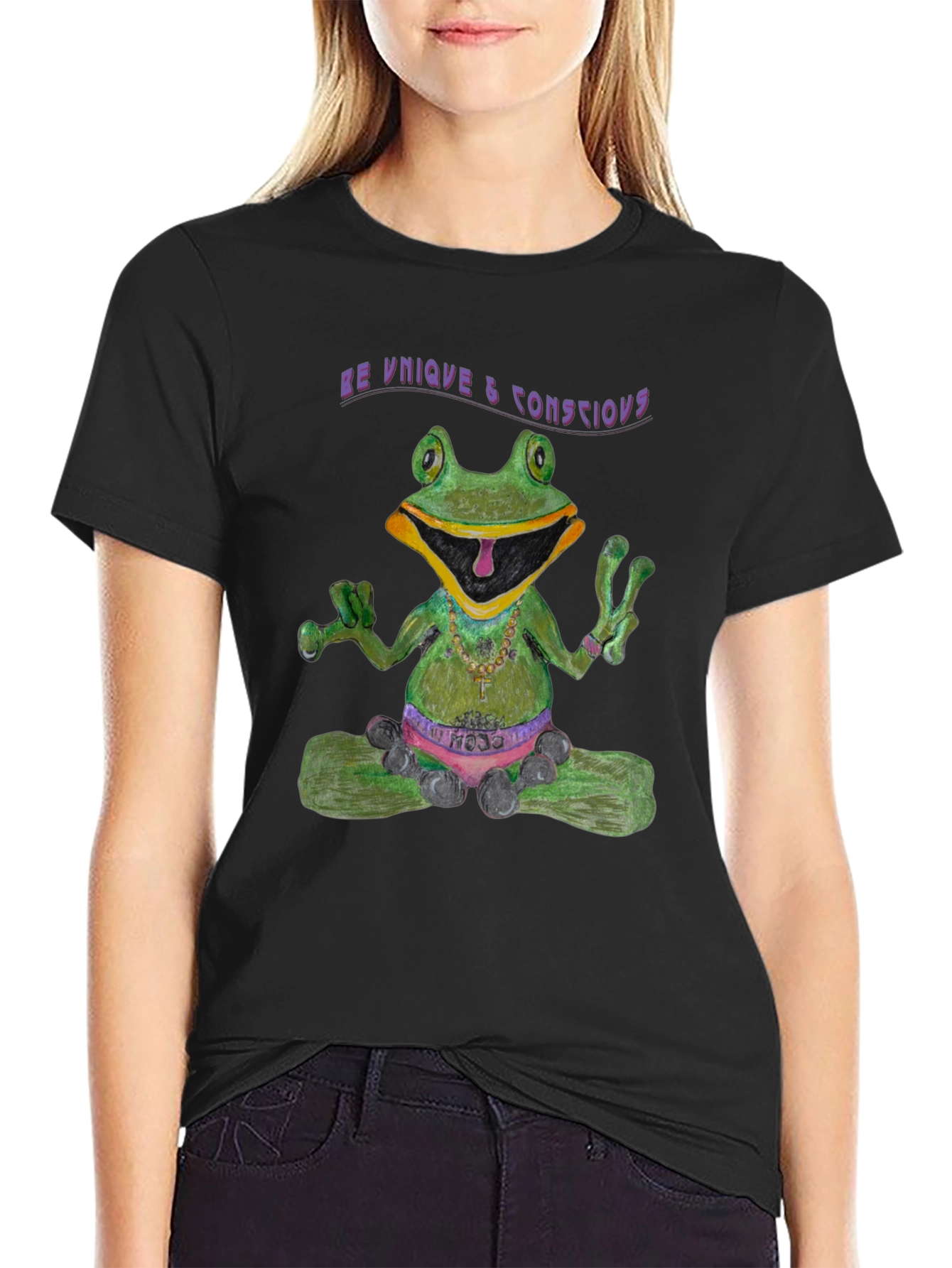 Zen Frog Tee: Be Unique & Conscious Black T-Shirt