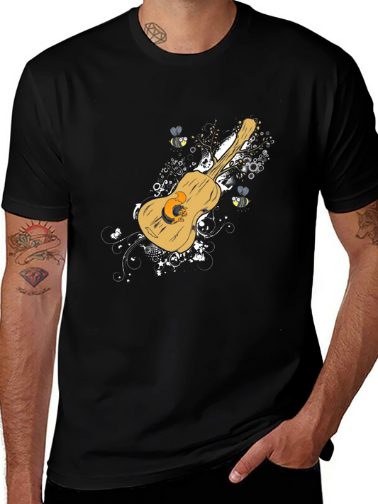 Guitar & Bees Graphic Tee - Stylish Mens Black T-Shirt