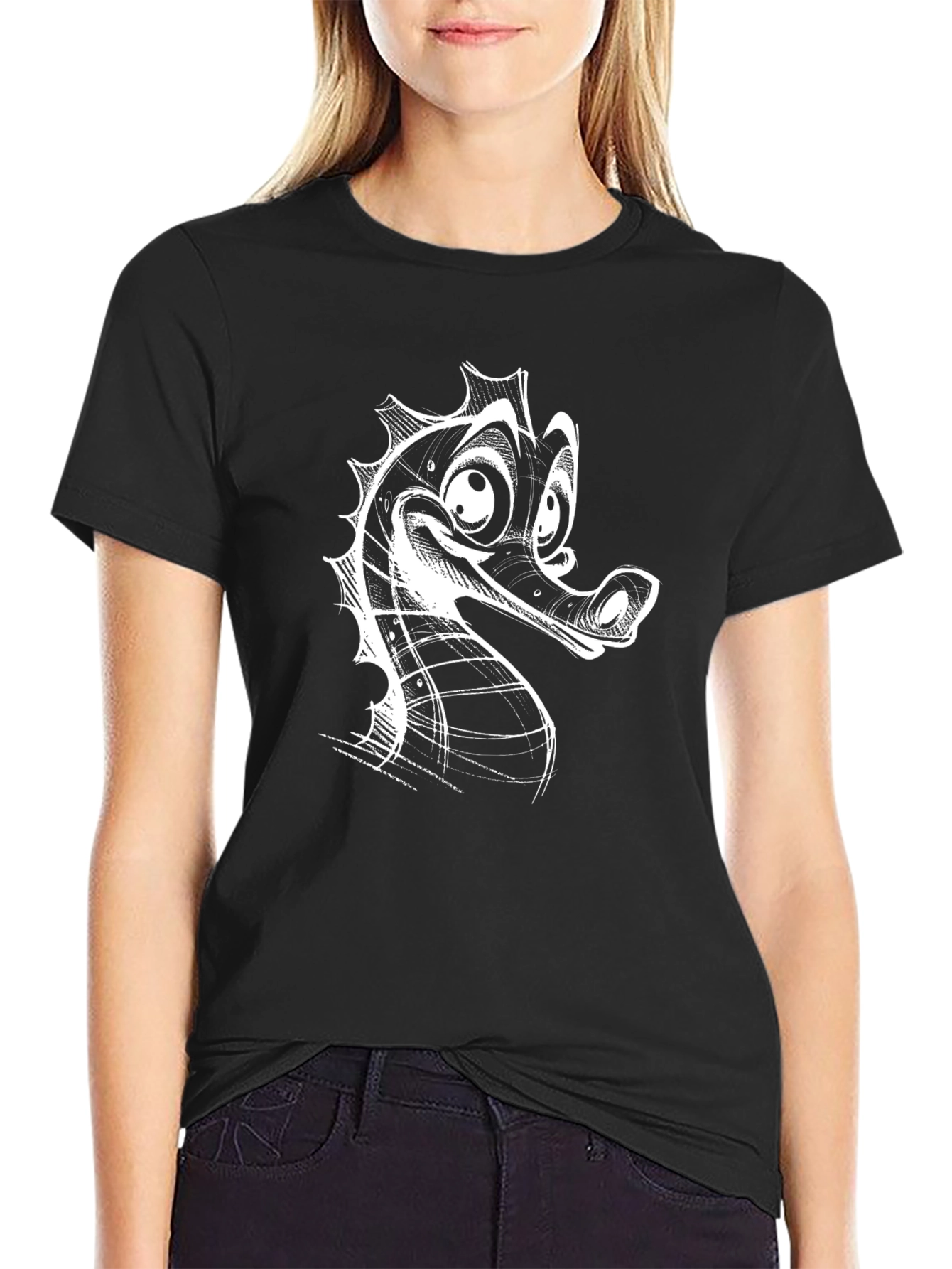 Black Graphic Tee - Seahorse Sketch