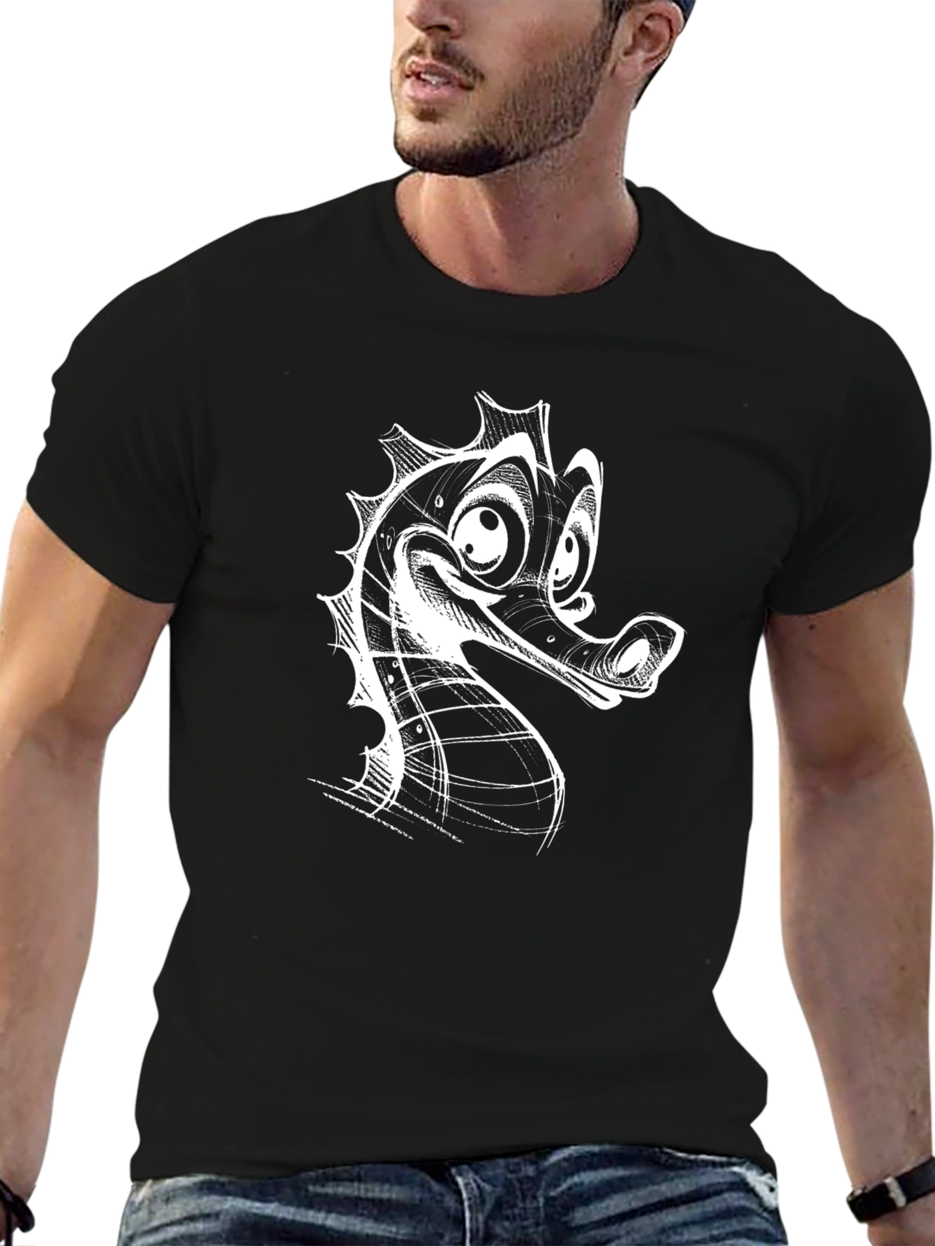 Black Graphic Tee - Seahorse Sketch