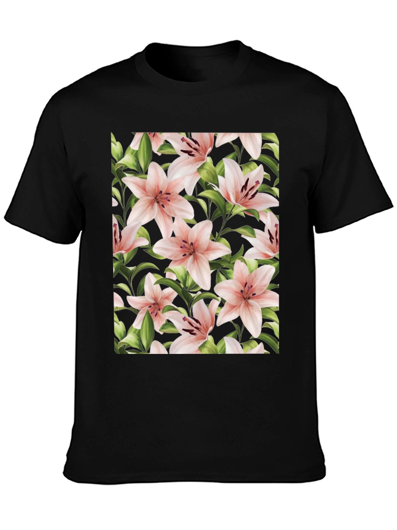 Floral Print T-Shirt - Pink Lily Black Tee