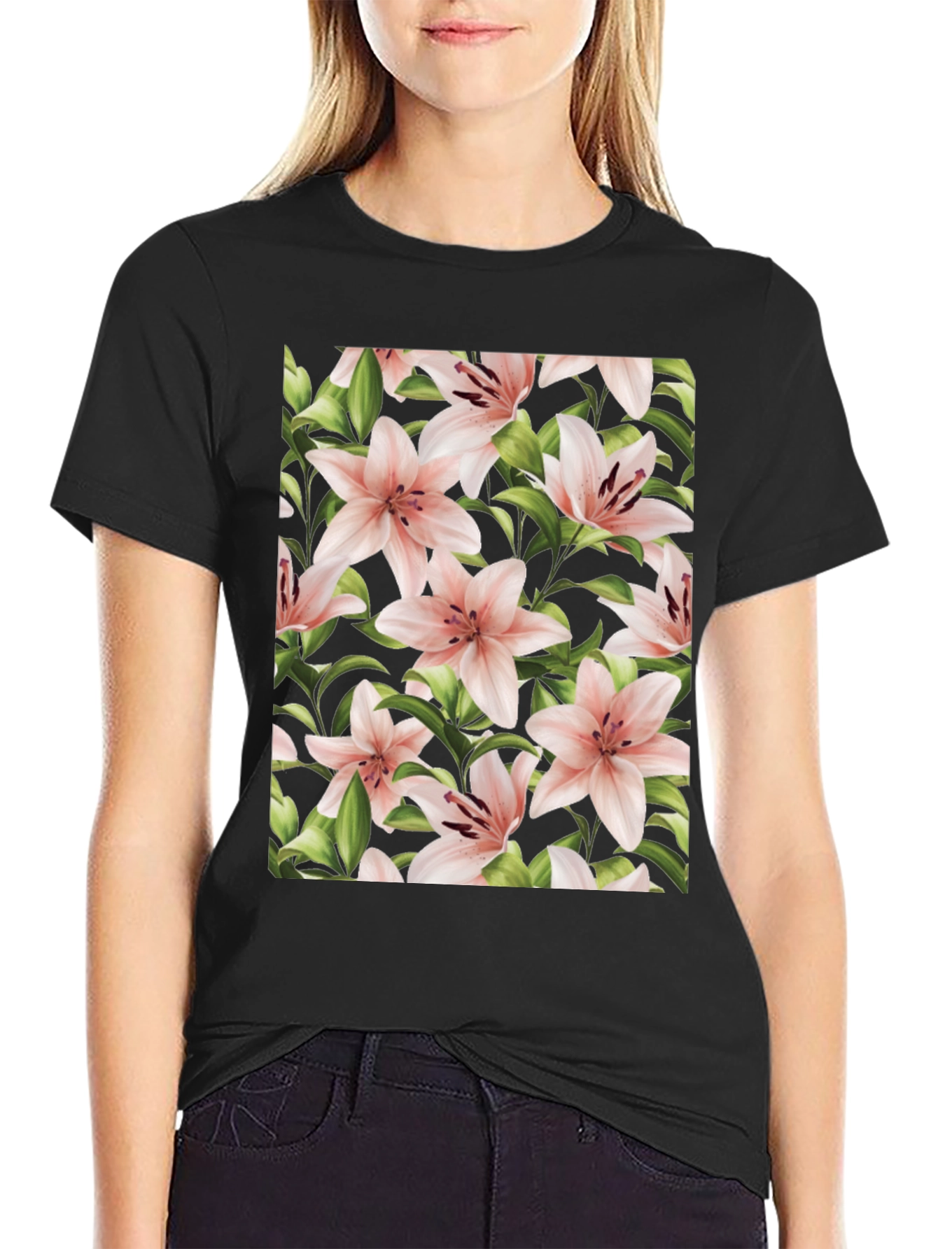 Floral Print T-Shirt - Pink Lily Black Tee