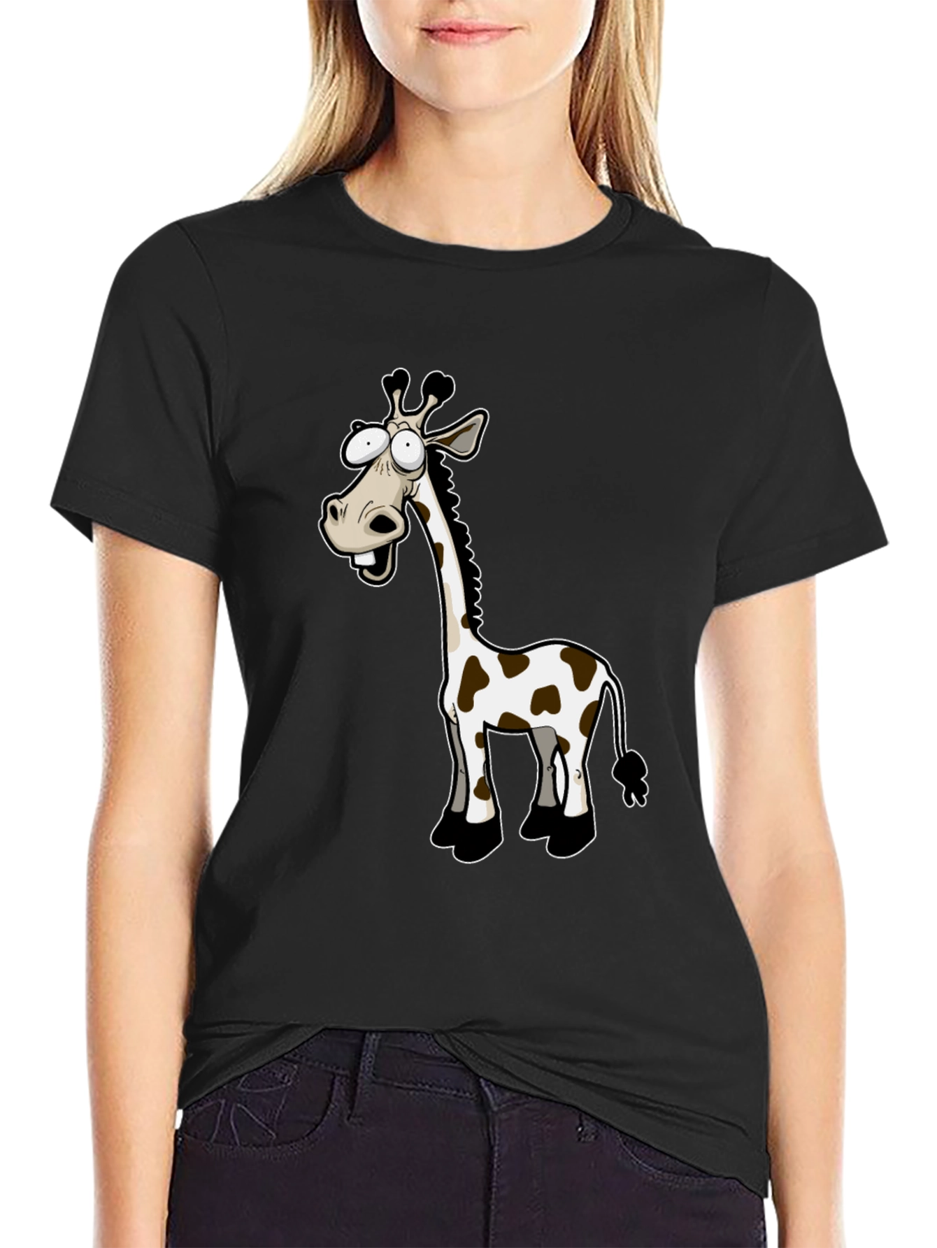 Funny Giraffe Cartoon Black T-Shirt