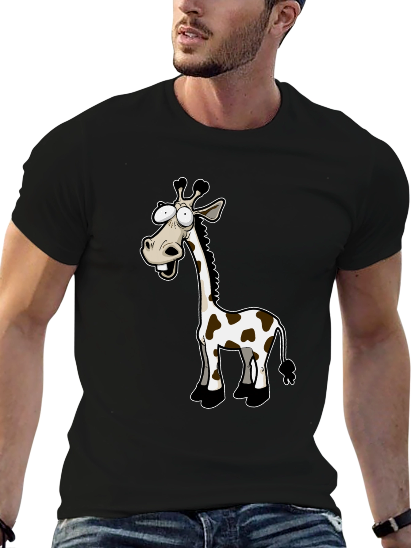 Funny Giraffe Cartoon Black T-Shirt