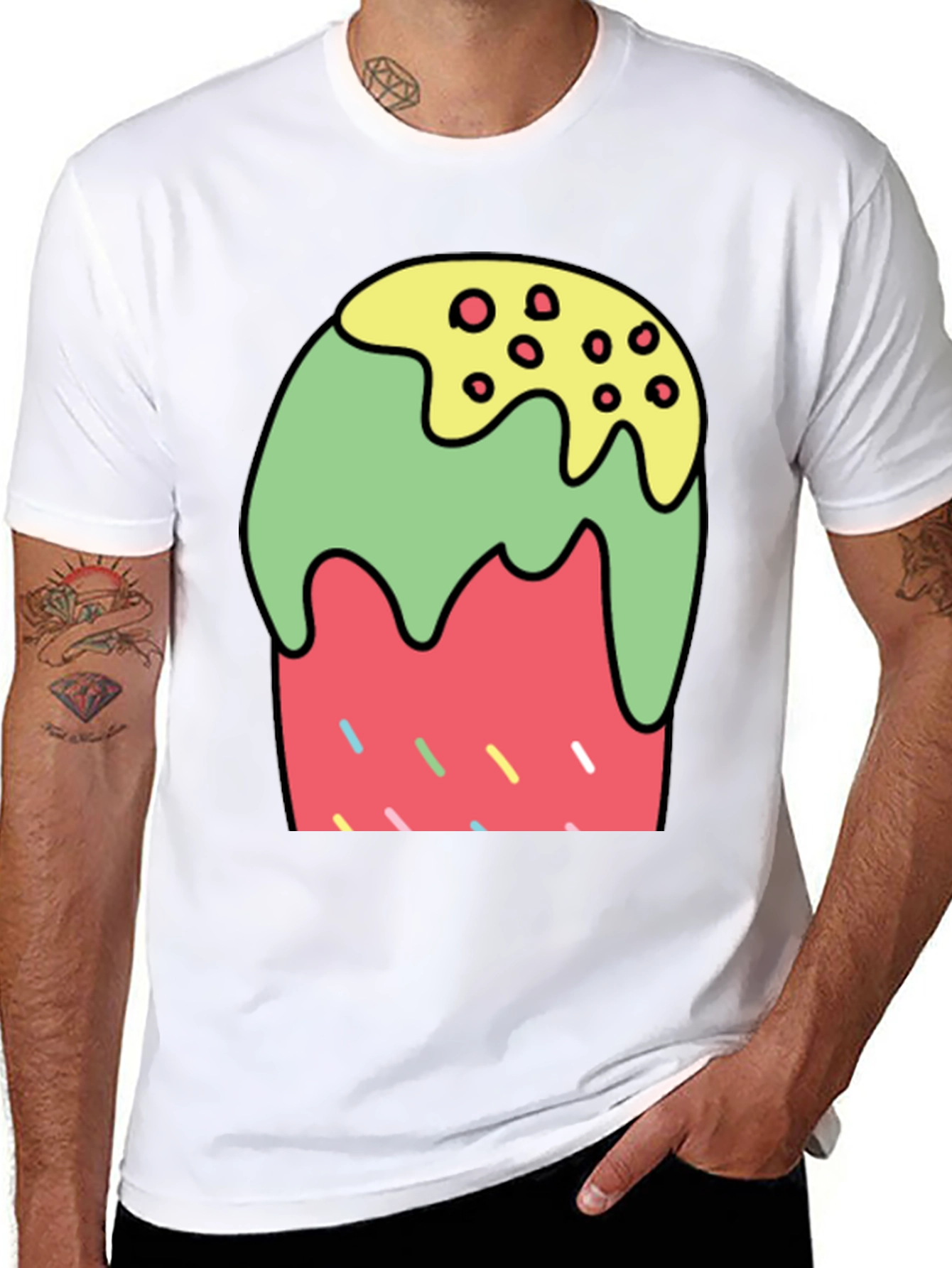 Cartoon Dessert Graphic Tee - Black Cotton Blend