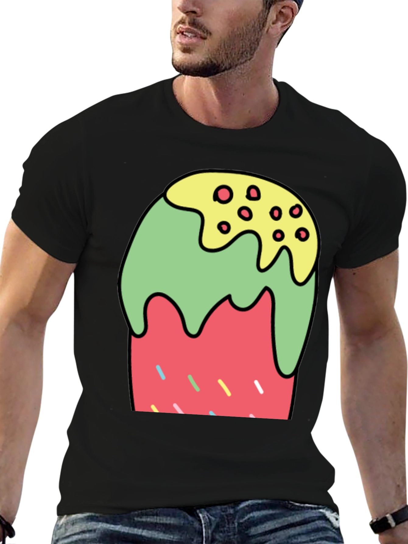 Cartoon Dessert Graphic Tee - Black Cotton Blend