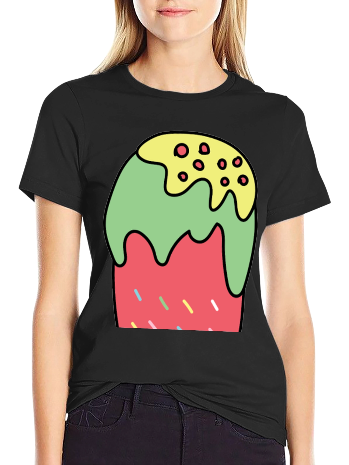 Cartoon Dessert Graphic Tee - Black Cotton Blend