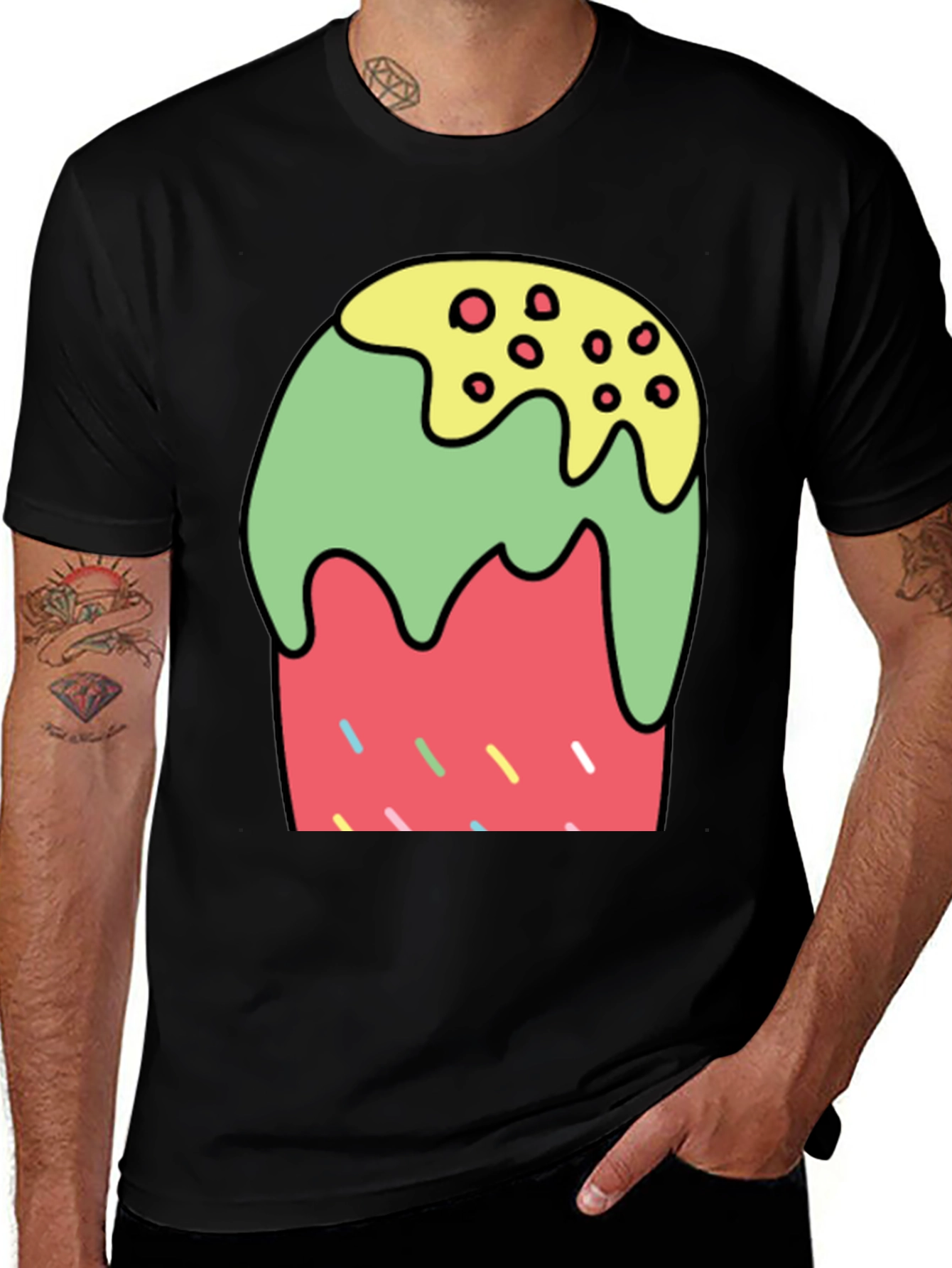 Cartoon Dessert Graphic Tee - Black Cotton Blend