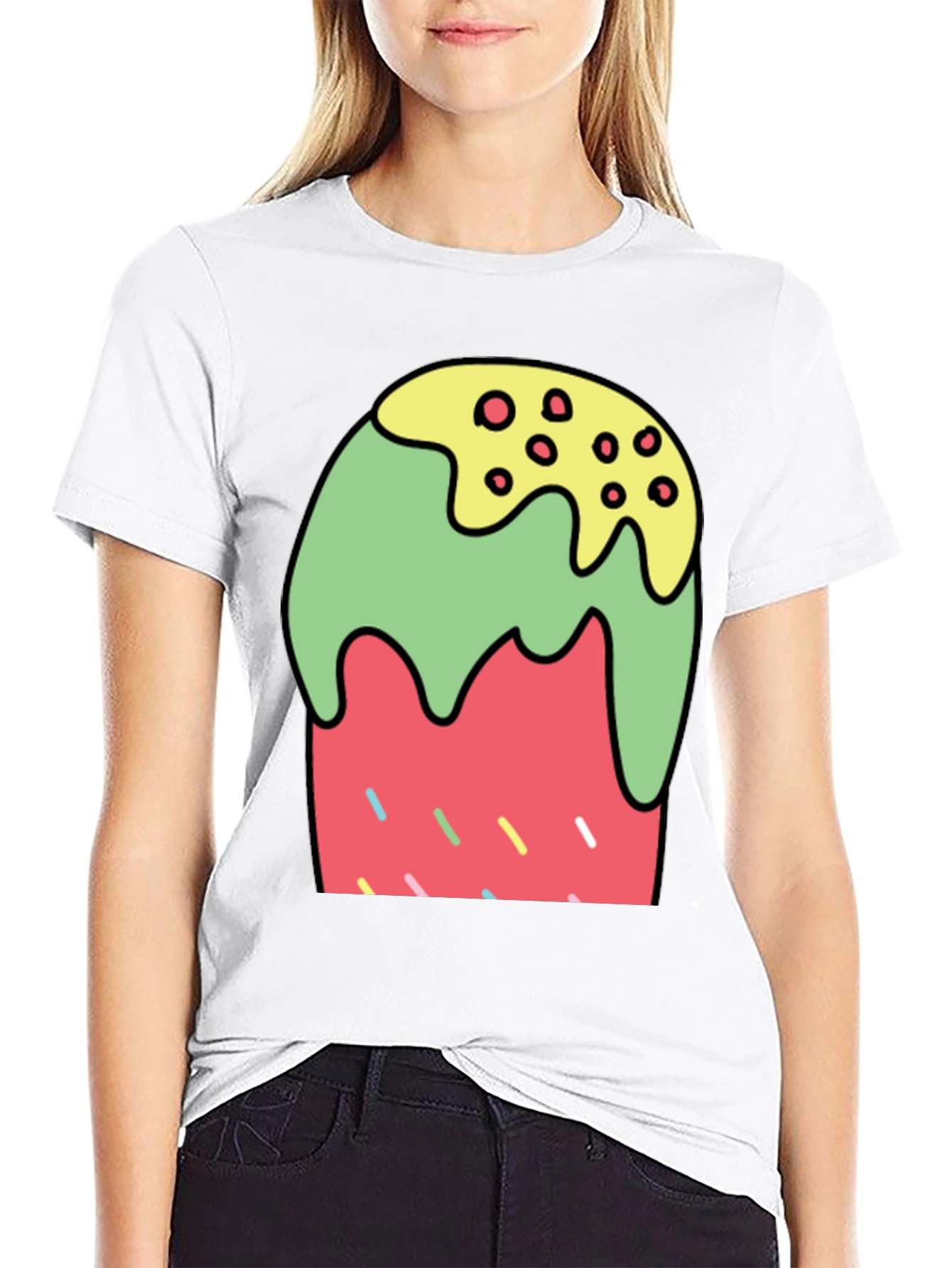 Cartoon Dessert Graphic Tee - Black Cotton Blend