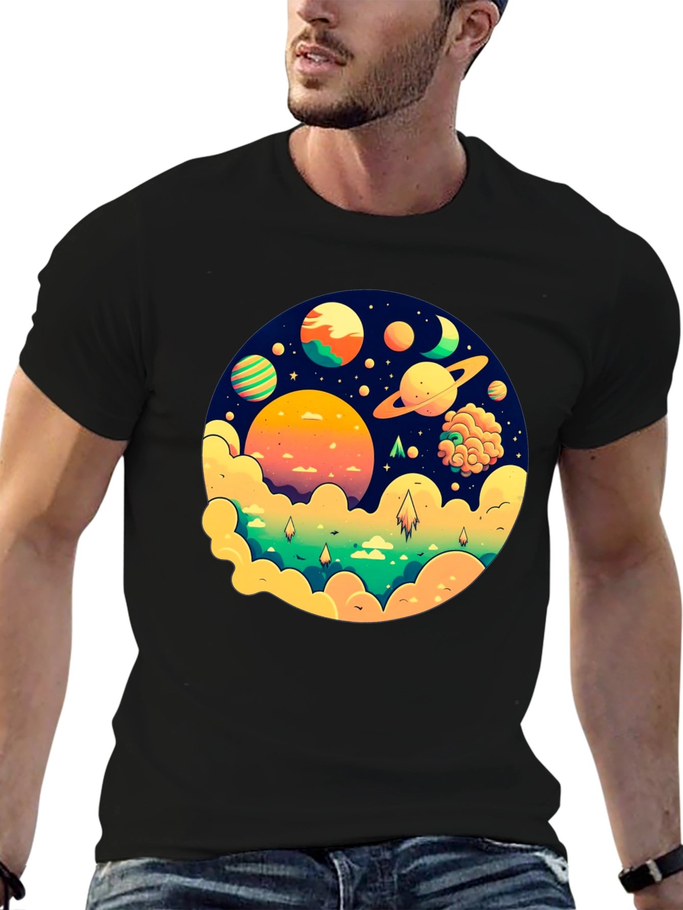 Cosmic Dreams Black T-Shirt - Space Planet Design