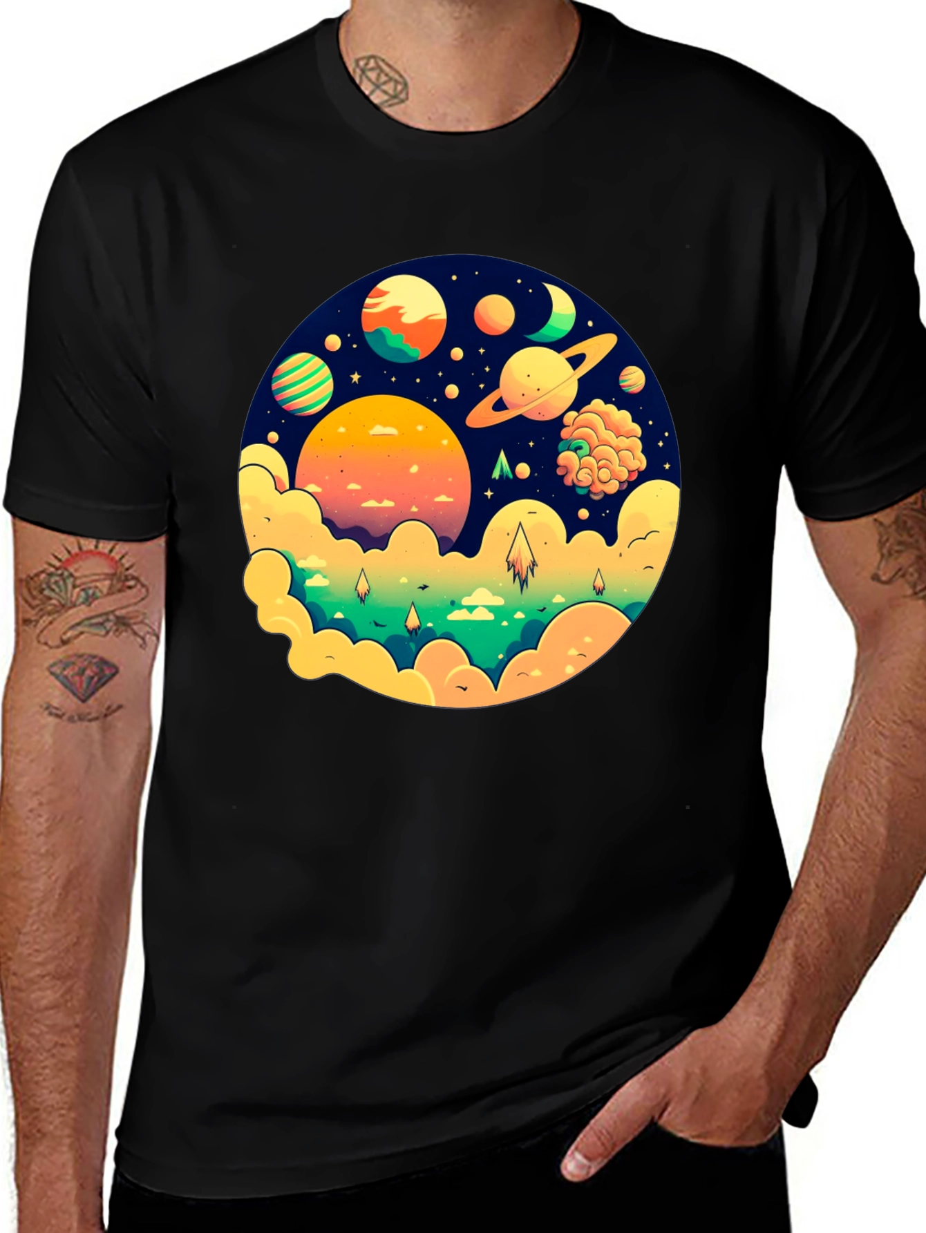 Cosmic Dreams Black T-Shirt - Space Planet Design